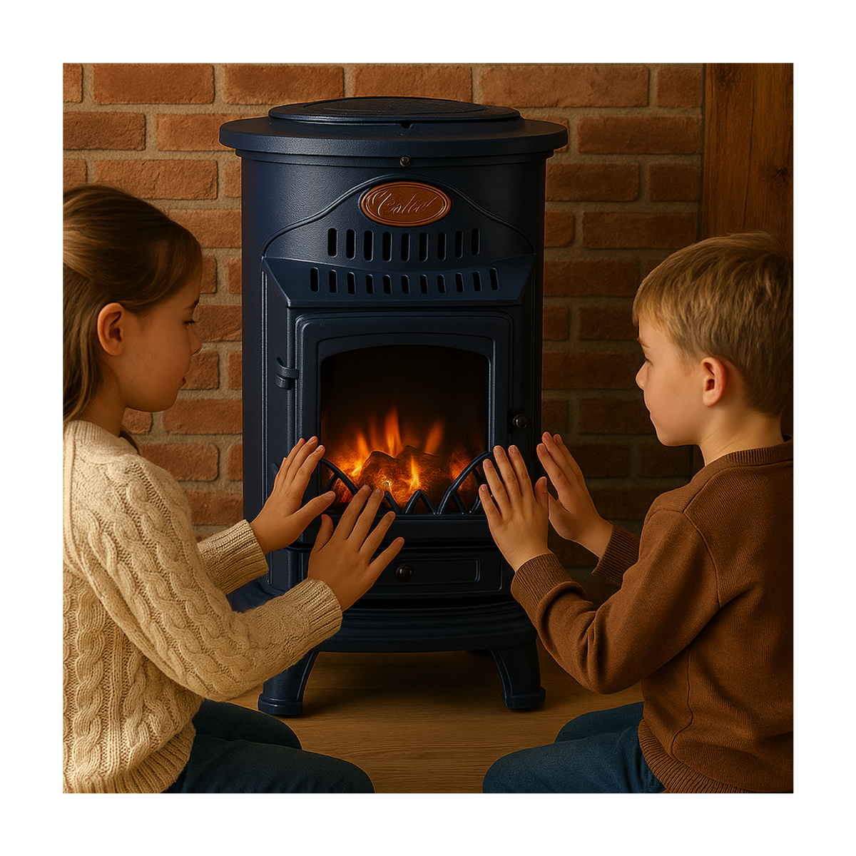 SAHARA Poele à gaz 3,4KW Bleu Marine Effet poêle à bois Fonte véritable + Tuyau gaz + détendeur butane Provence Sahara