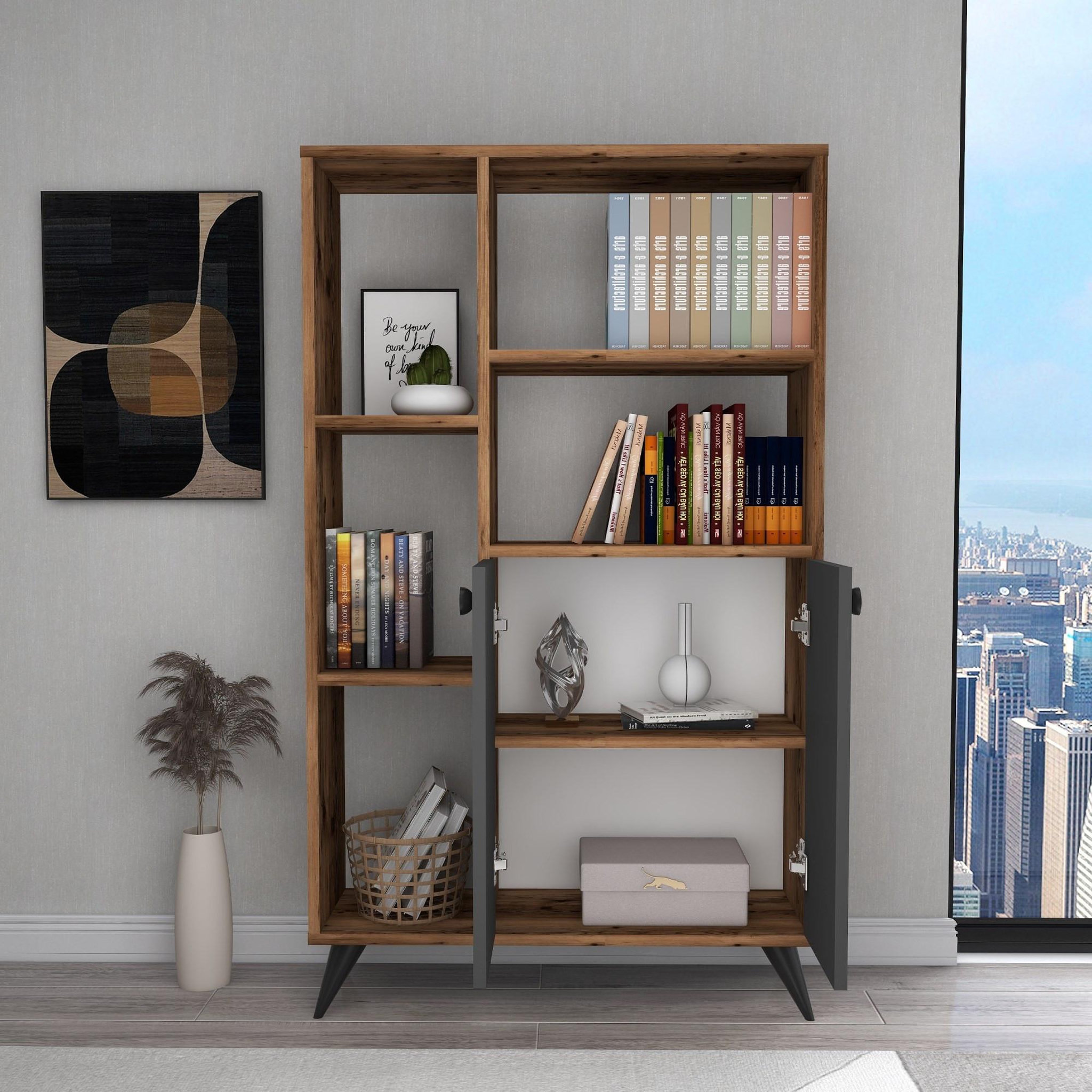 Voir la diapositive 4 : Habitat et Jardin Bibliothèque en bois  meldan  - 80 x 25 x 135 cm - noyer clair, anthracite