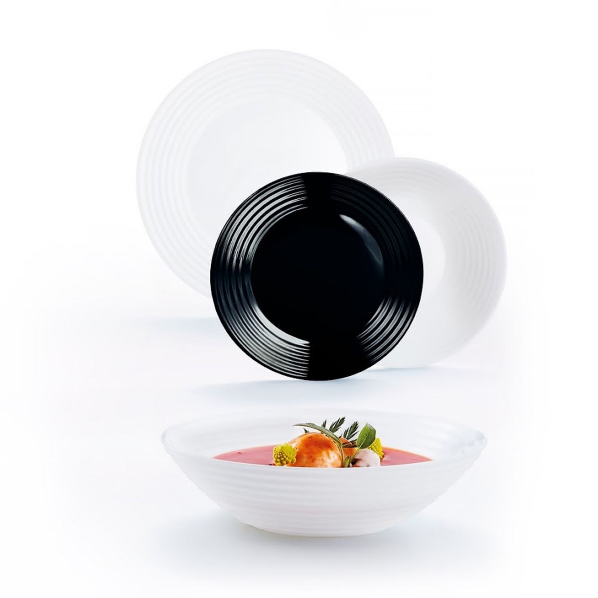LUMINARC Service d'assiettes 18 pièces en verre HARENA Noir et Blanc