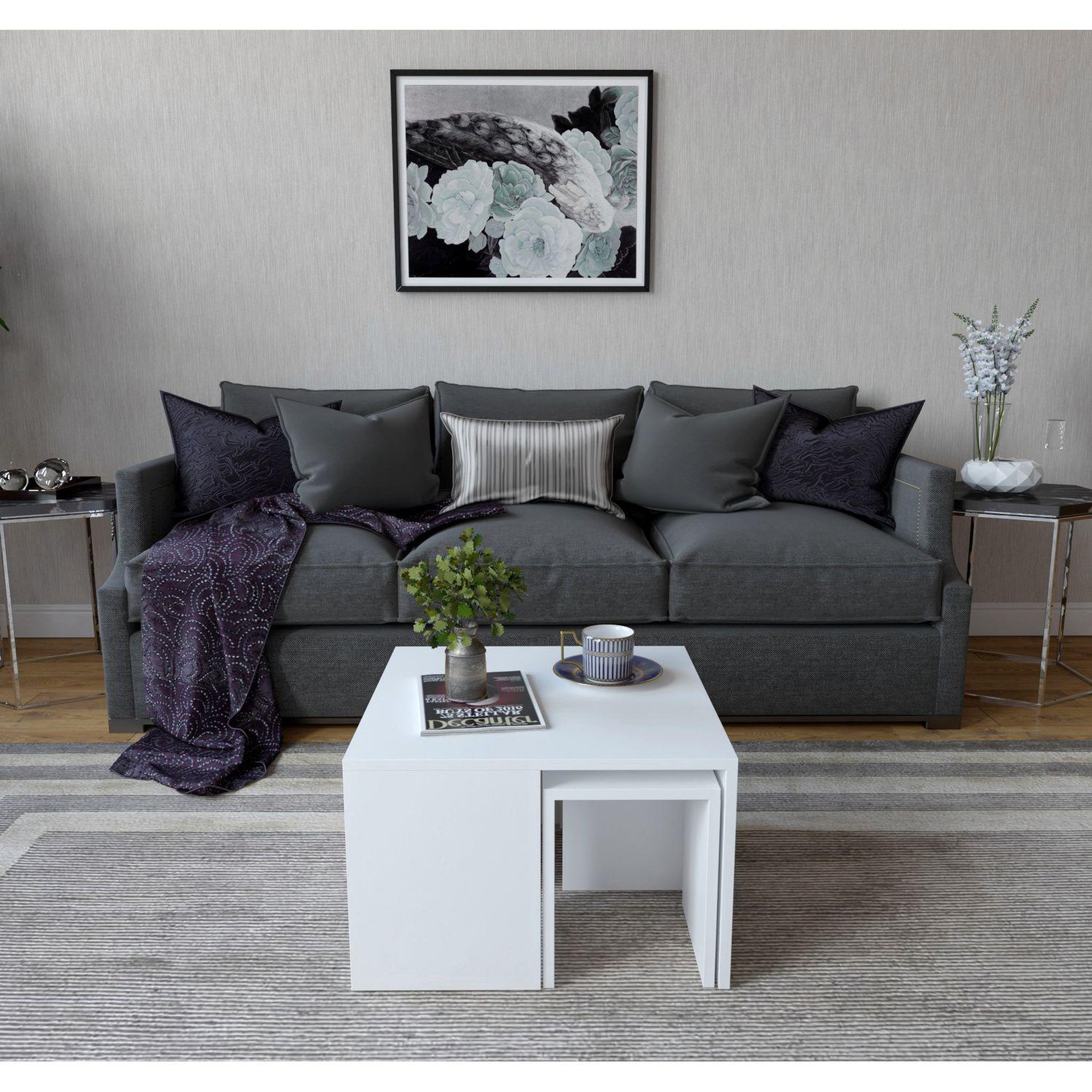 Voir la diapositive 4 : TOILINUX Ensemble table basse et 3 tables d'appoint gigognes roskilde - blanc