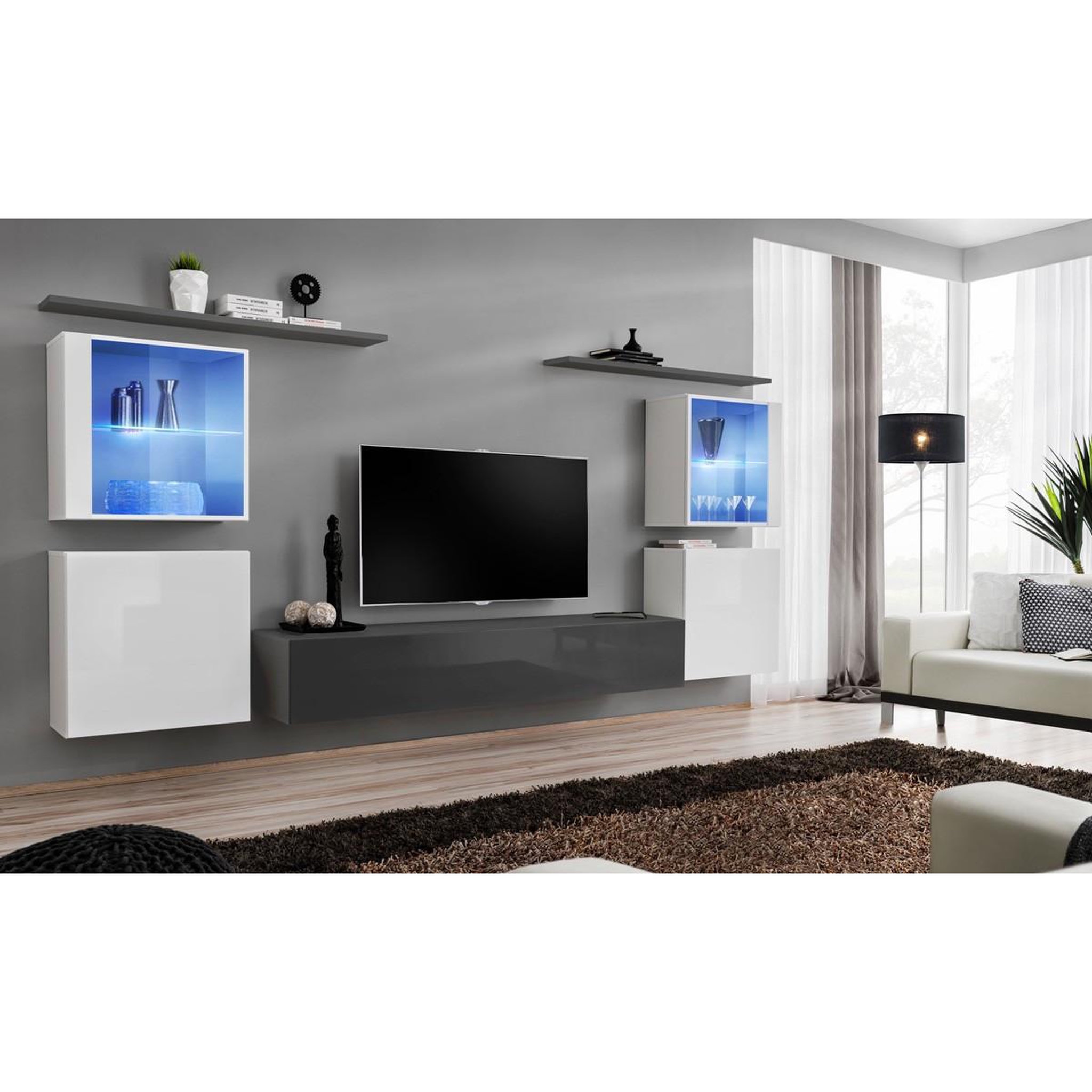 Voir la diapositive 2 : Paris Prix Meuble tv mural design  switch xiv  320cm blanc & gris