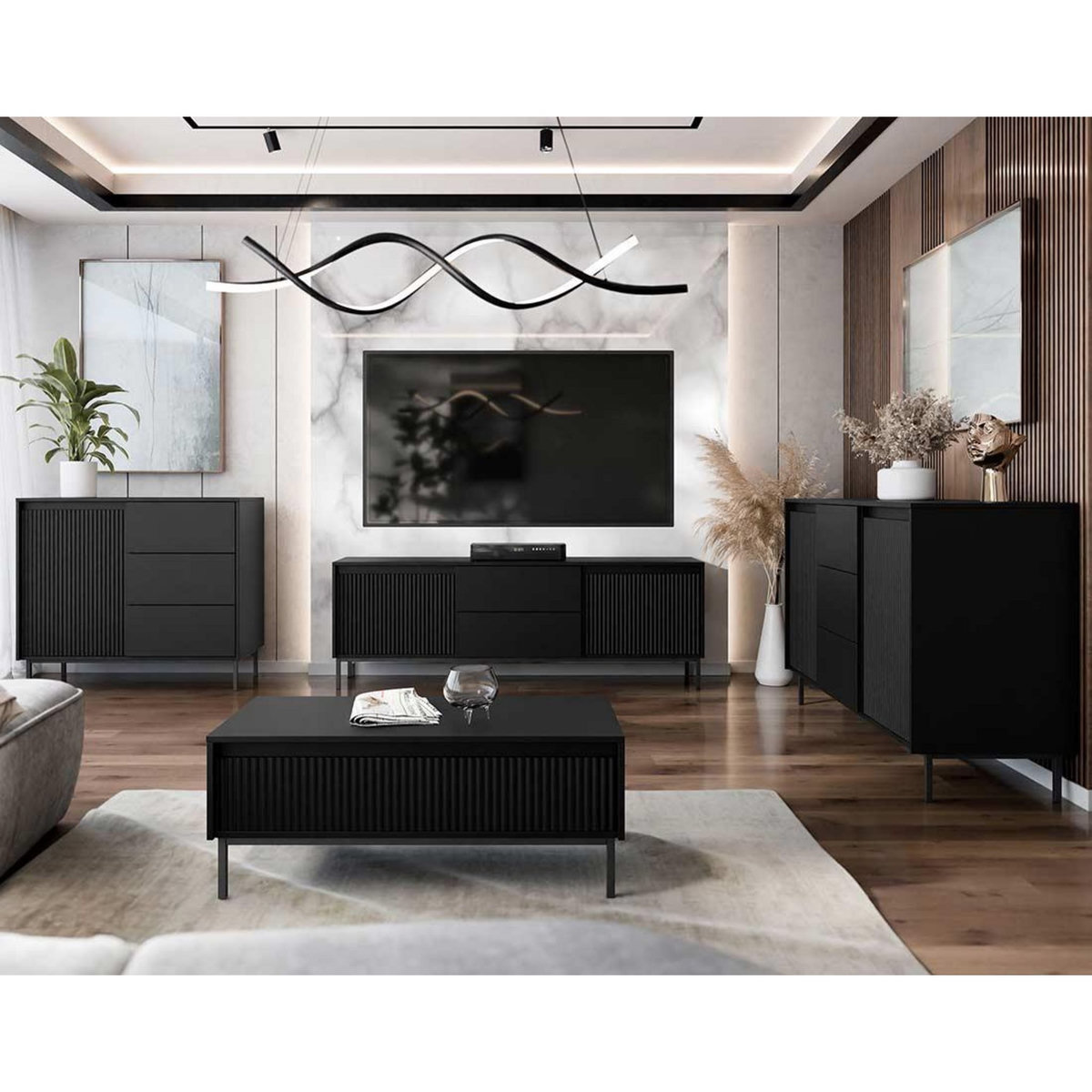 BEST MOBILIER Girona - buffet bas - noir - 3 tiroirs et 2 portes - 153 cm