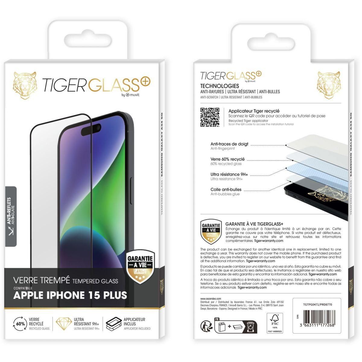 TIGER GLASS Protège écran iPhone 15 Plus Verre trempé recyclé Mat