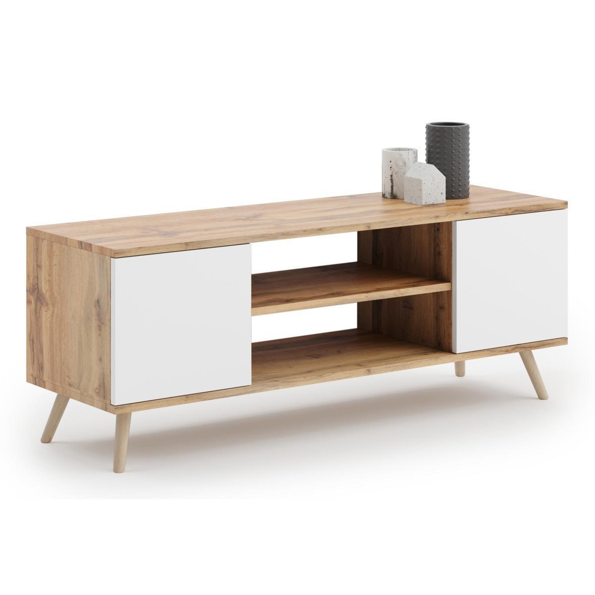 KOBI Meuble TV Focus en Bois 155cm avec Étagère et Armoires Verrouillables