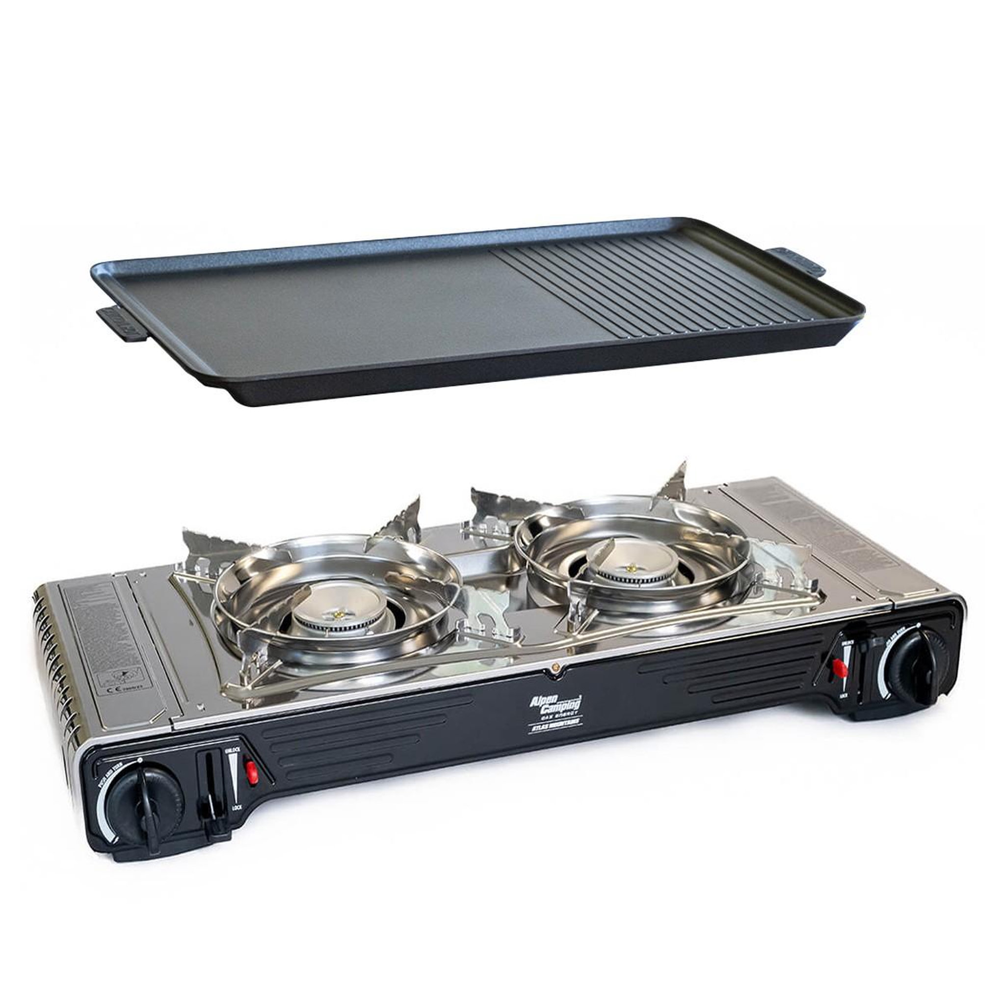 Voir la diapositive 2 : ALPENTECH Plaque Plancha Grill 53 x 28 cm pour Réchaud Gaz 2 Feux Surface Lisse et Rainurée Plaque Cuisson Aluminium ALPEN CAMPING