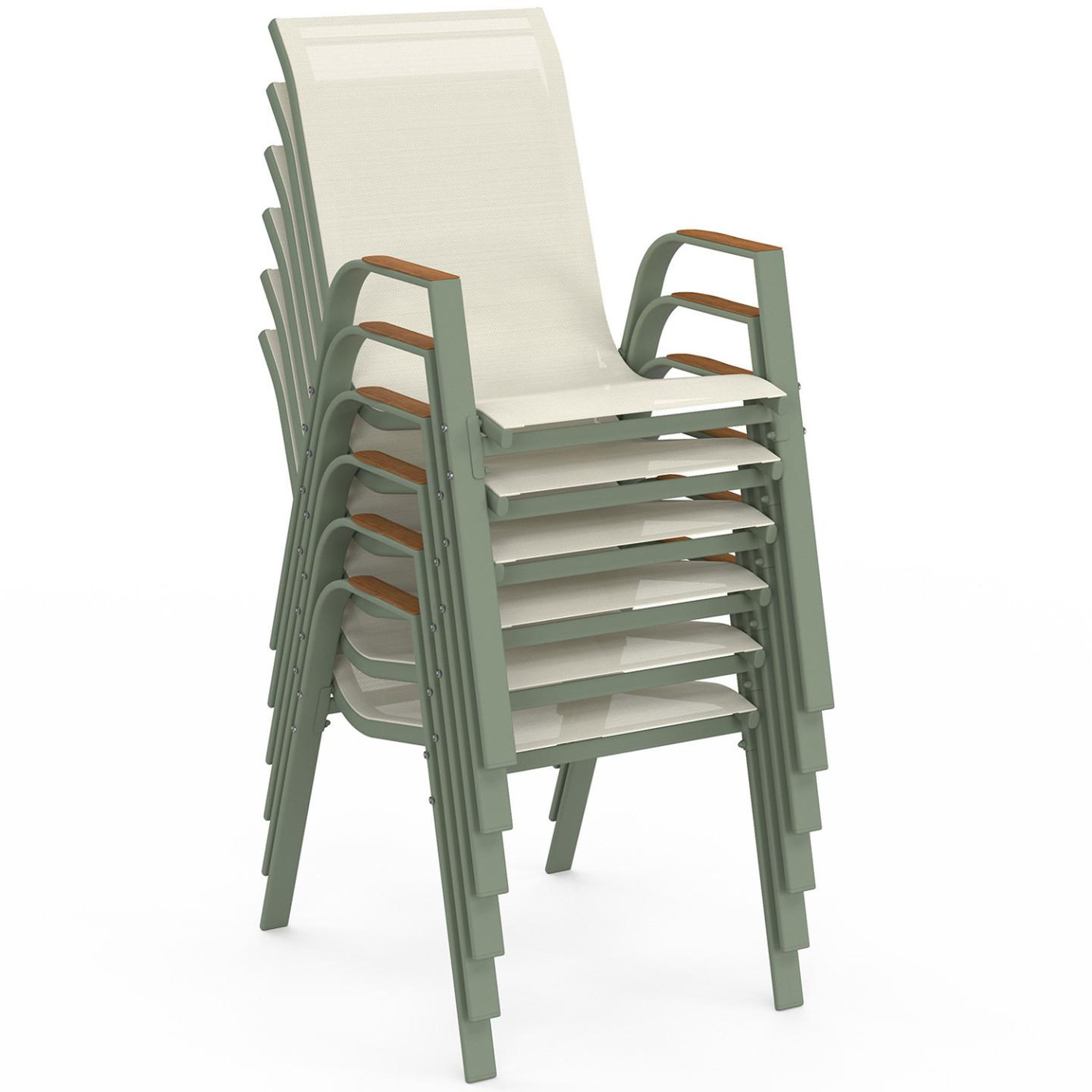 Voir la diapositive 4 : ID MARKET Lot de 6 chaises de jardin noumea métal et textilène empilables vert et bois
