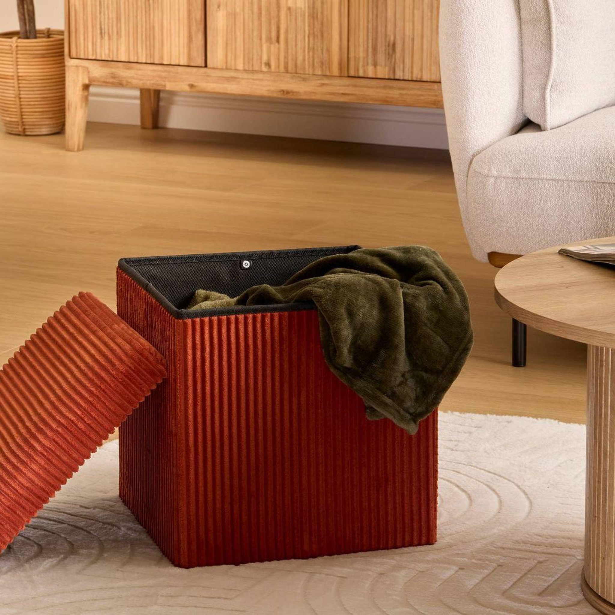 Voir la diapositive 2 : ATMOSPHERA Pouf de rangement pliable en velours côtelé arum - 38 x 38 cm - terre cuite