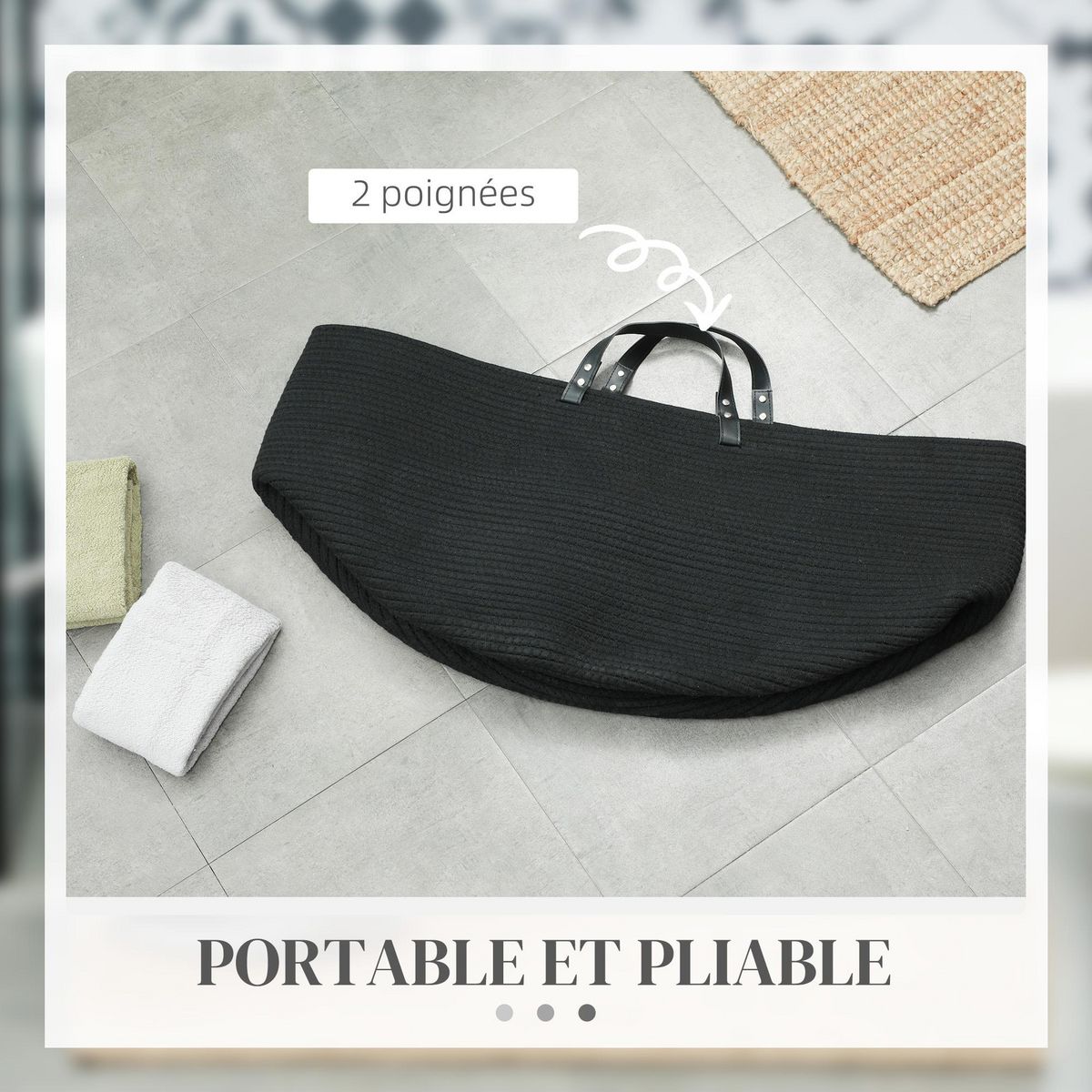 HOMCOM Panier à linge 88L corbeille à linge pliable portable en coton 2 poignées noir