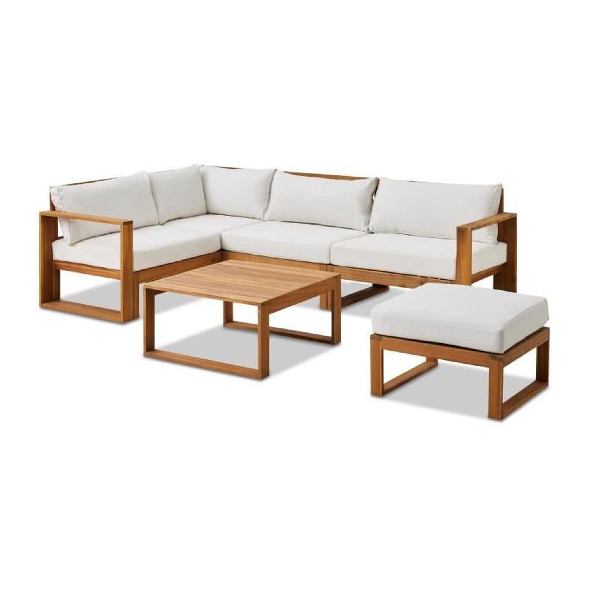 Voir la diapositive 2 : BOCARNEA Salon de jardin d'angle modulable - Bois d'acacia - 5 personnes - LEVATA OTTOMAN - Blanc cassé + Housse