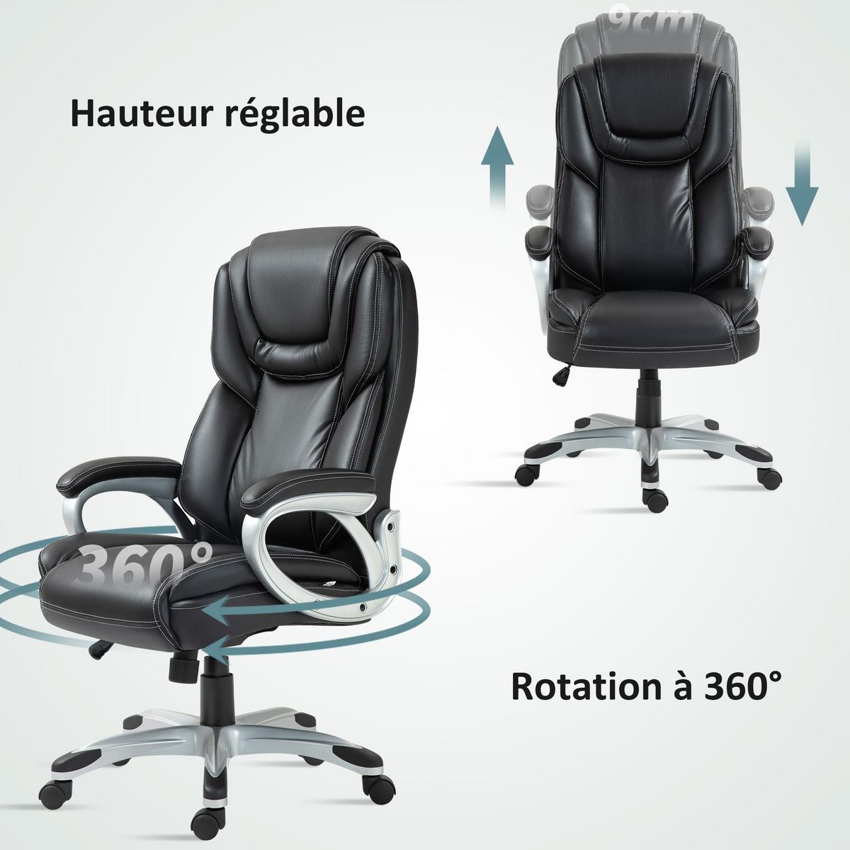 HOMCOM Chaise de bureau direction réglable grand confort - fonction bascule verrouillable - synthétique noir