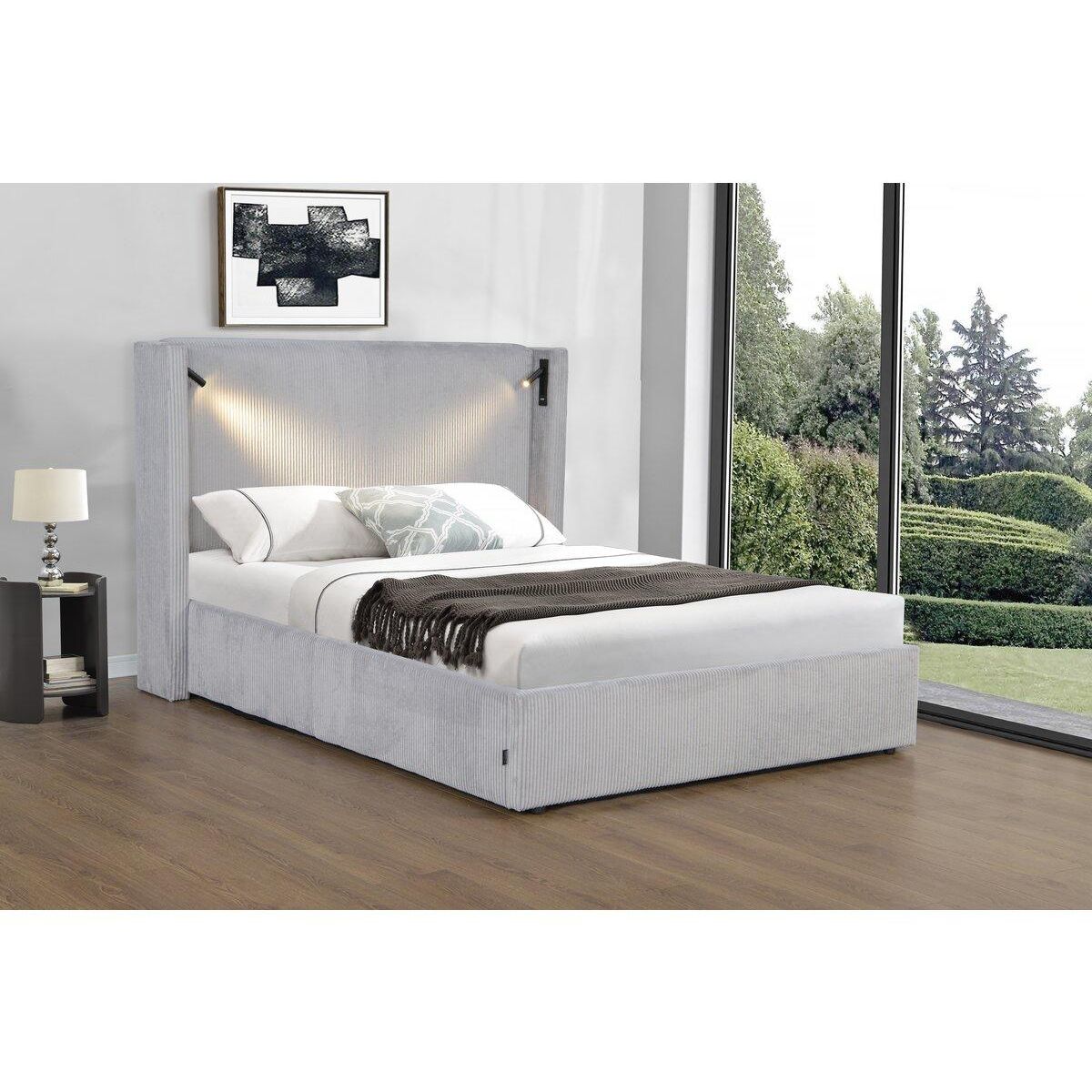 Habitat et Jardin Lit double en velours côtelé avec coffre et lampe intégré  Cortina  - 160 x 200 cm - Gris