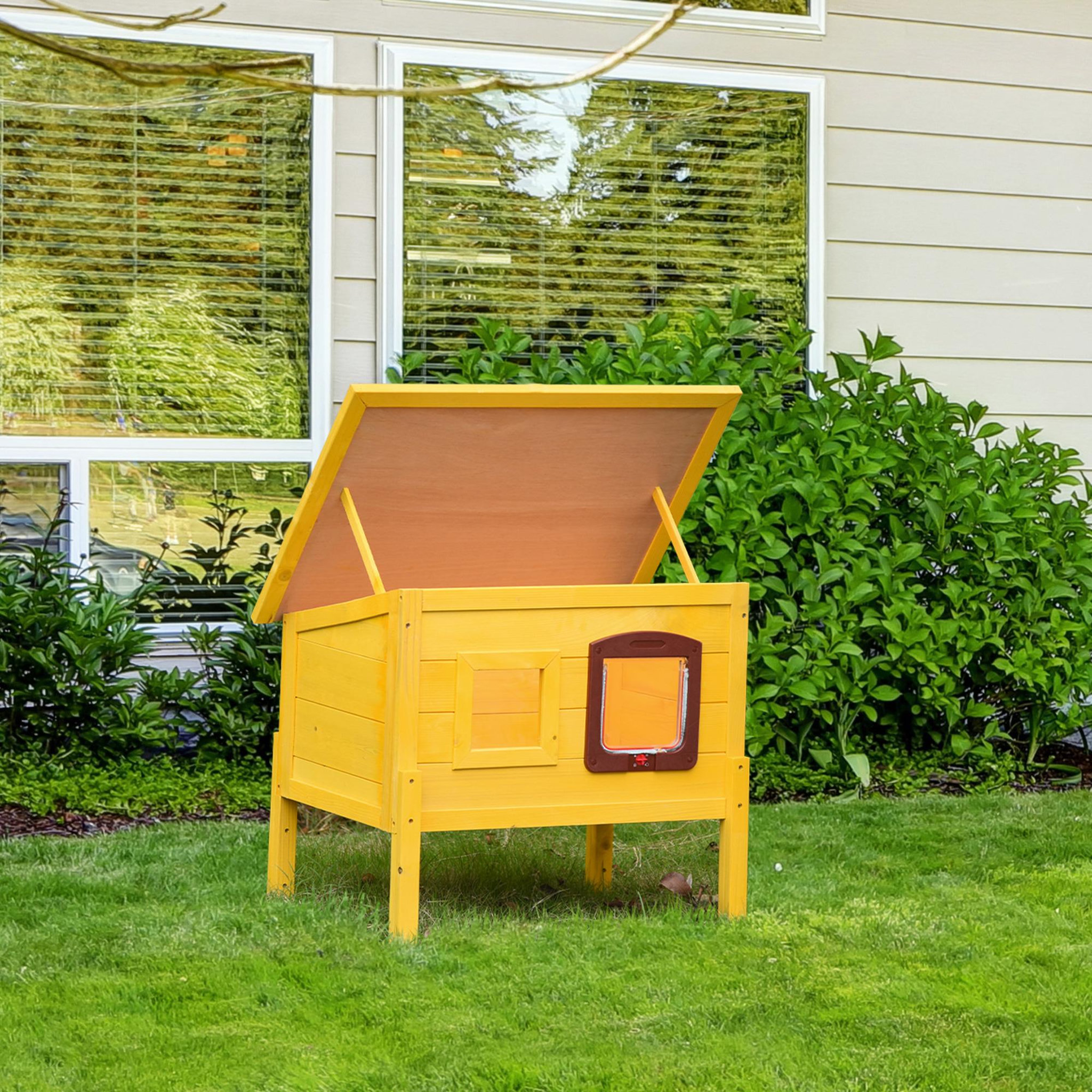 Voir la diapositive 4 : PAWHUT Maison niche pour chat sur pied toit bitumé ouvrant porte fenêtre bois verni