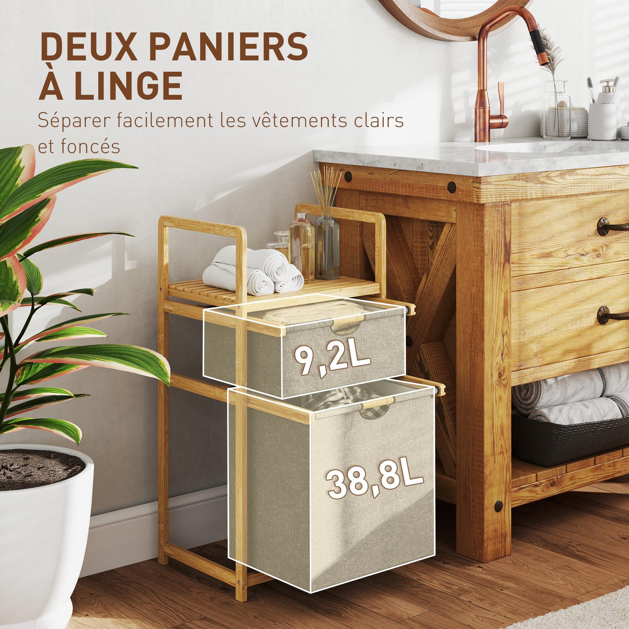 Voir la diapositive 4 : HOMCOM Panier à linge en bambou - panier à linge 2 bacs et étagère - panier à linge double - tissu gris