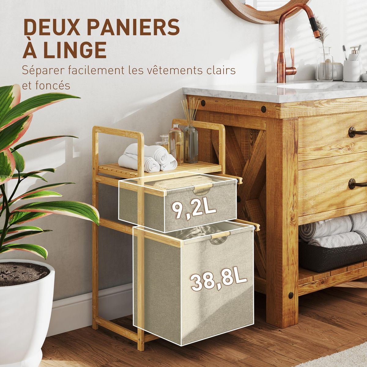 HOMCOM Panier à linge en bambou - panier à linge 2 bacs et étagère - panier à linge double - tissu gris