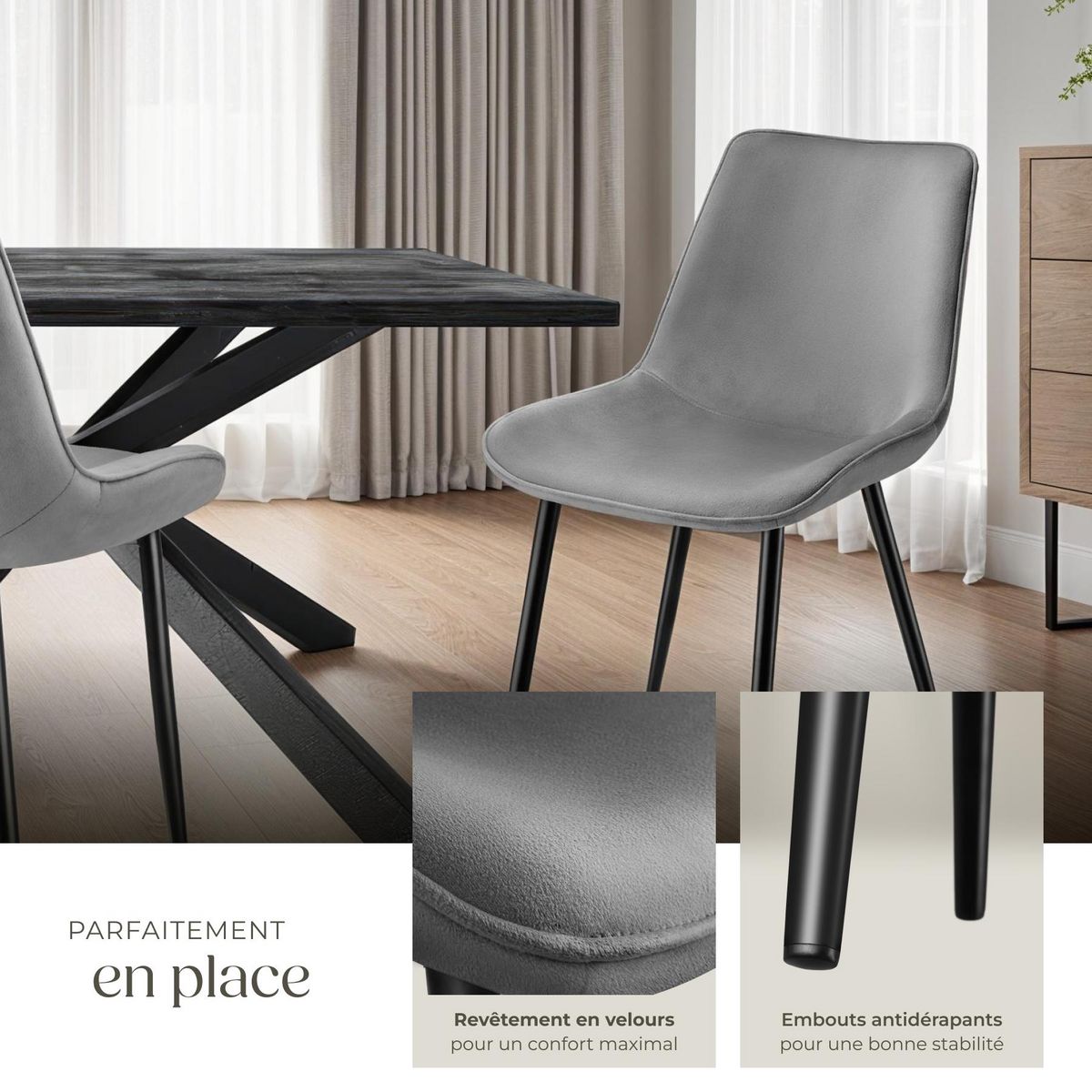 tectake Lot de chaises rembourrées aspect velours gris Lot de 6