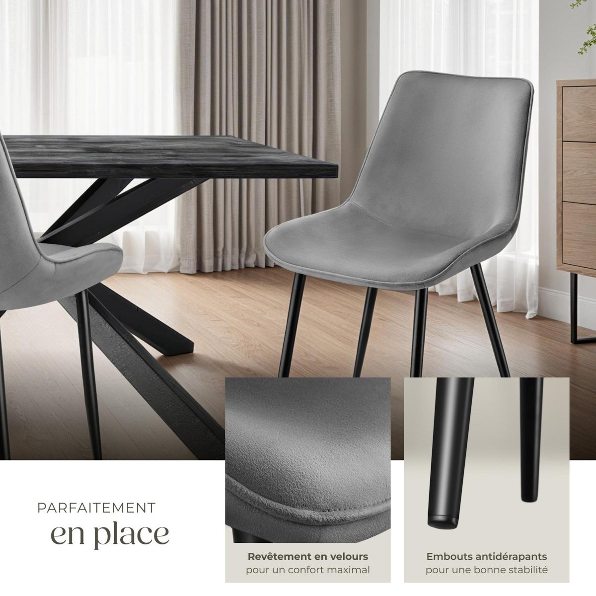 tectake Lot de chaises rembourrées aspect velours gris Lot de 6