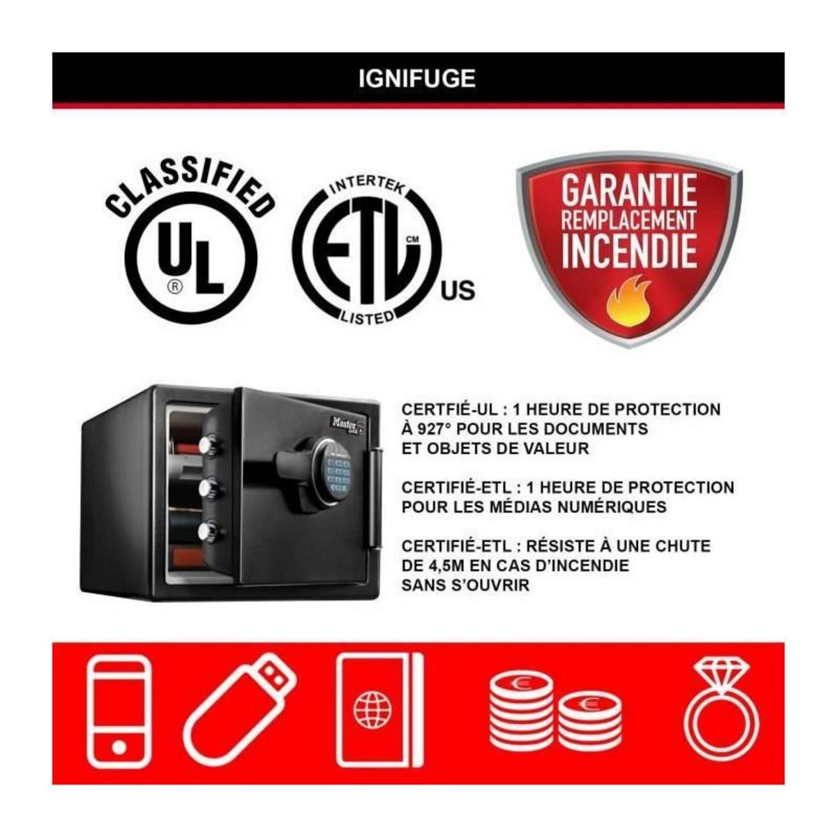 Master lock Coffre-fort [Ignifuge et Etanche] [Large 22,8L] [Combinaison Electronique] - LFW082FTC