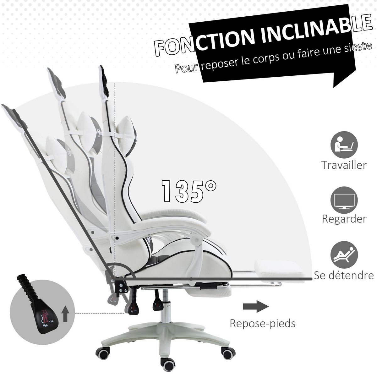 VINSETTO Chaise gaming fauteuil gamer inclinable réglable repose-pied rétractable oreilles de lapin amovibles noir blanc