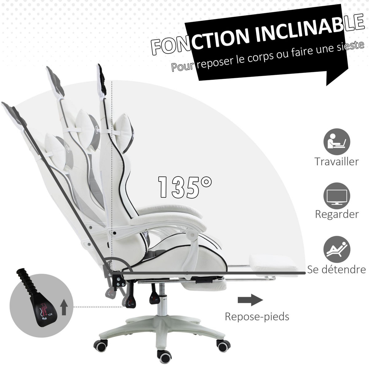 VINSETTO Chaise gaming fauteuil gamer inclinable réglable repose-pied rétractable oreilles de lapin amovibles noir blanc