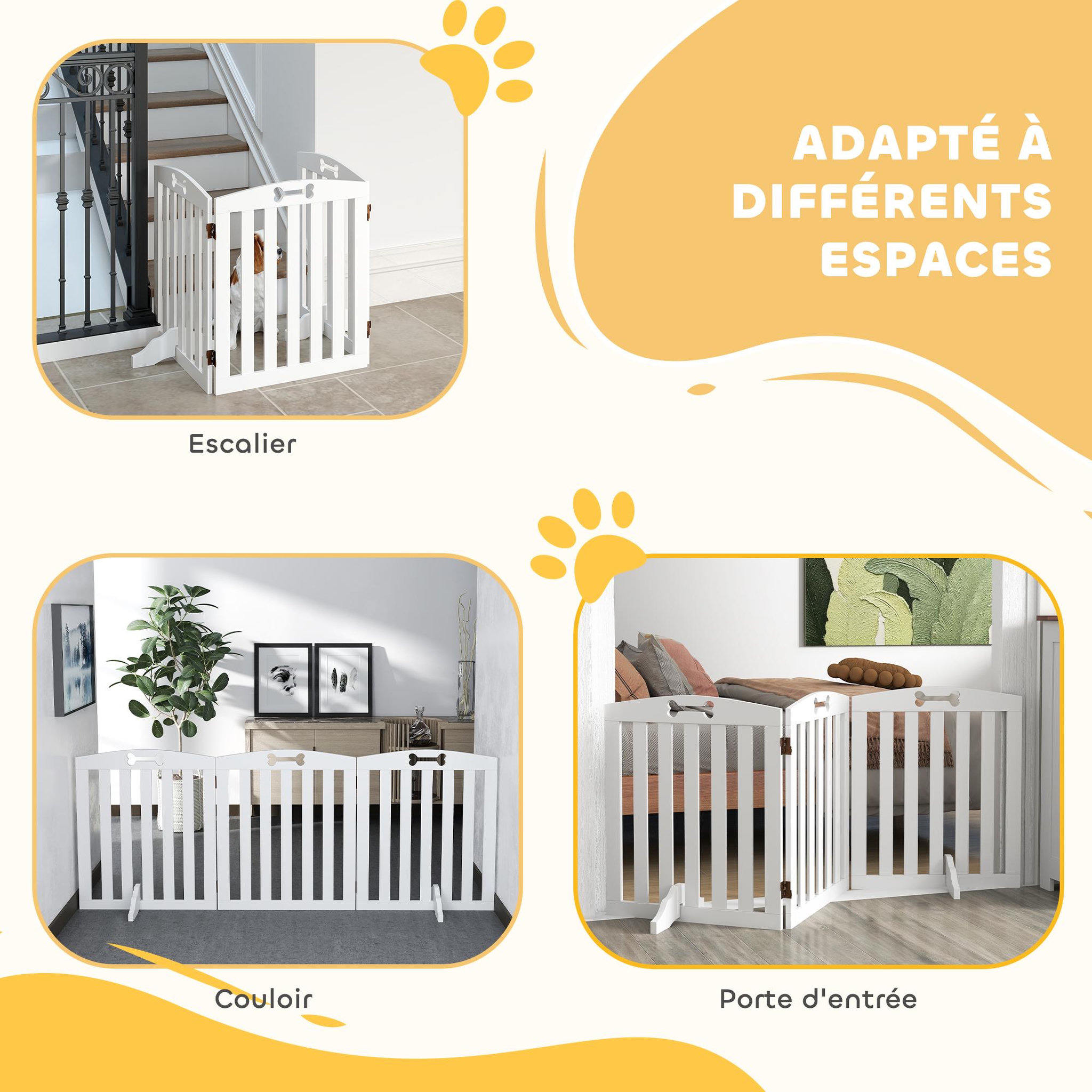 Voir la diapositive 6 : PAWHUT Barrière de sécurité chien pliable adaptable motif os - piètement support antidérapant - 155 x 30 x 61 cm - mdf blanc