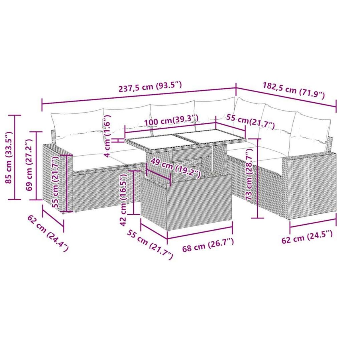 VIDAXL Salon de jardin avec coussins 7 pcs gris resine tressee