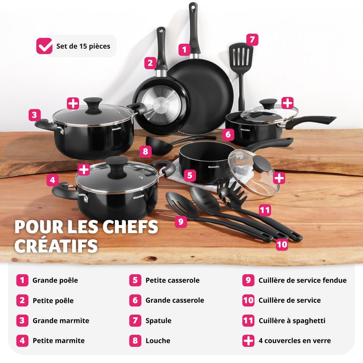 tectake Set de batterie de cuisine 15 pièces noir
