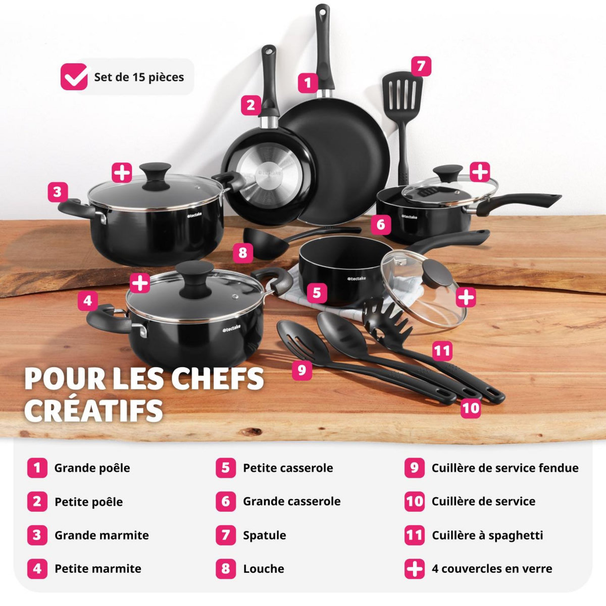 tectake Set de batterie de cuisine 15 pièces noir