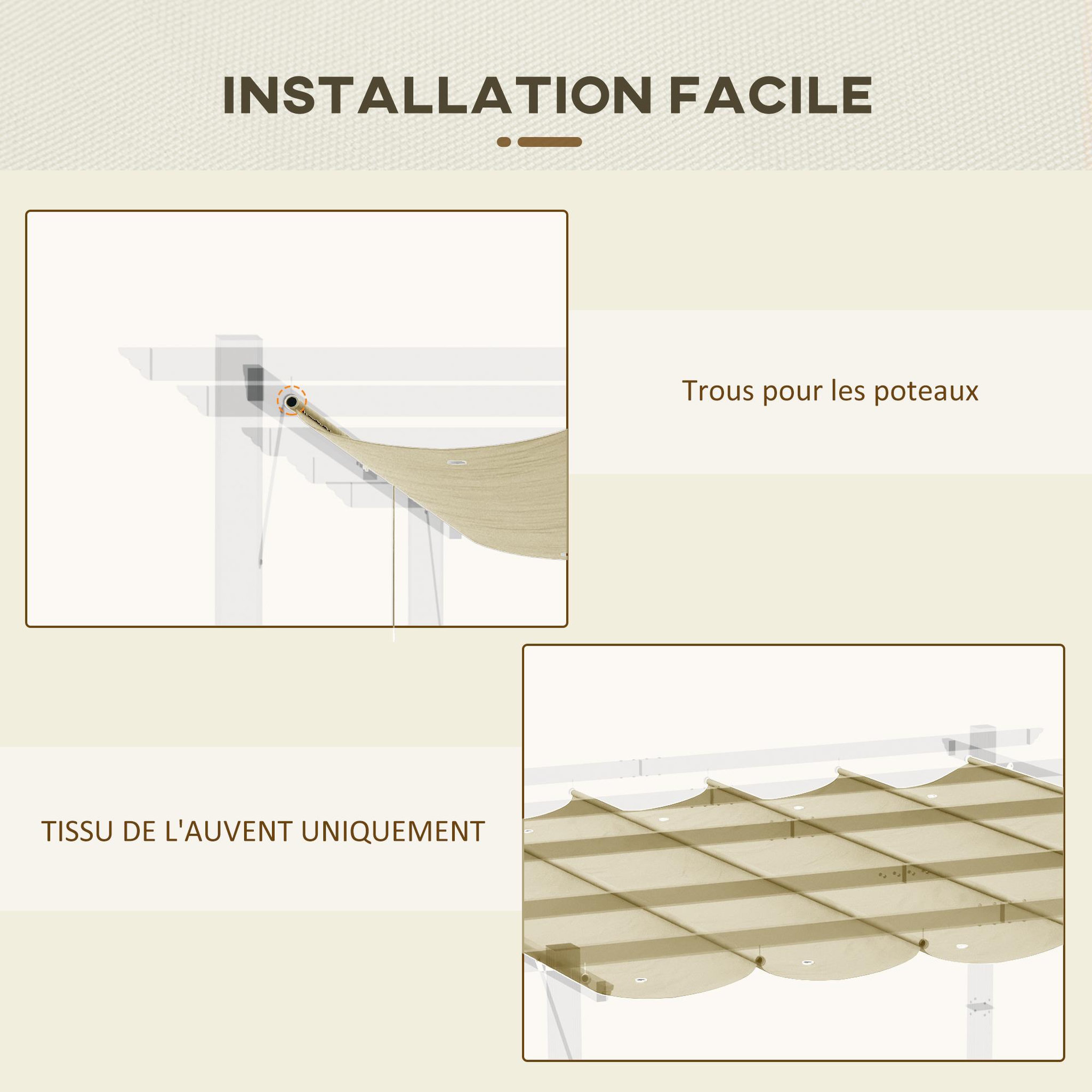Voir la diapositive 6 : OUTSUNNY Toile de rechange pour pergola rétractable 3 x 3 m polyester haute densité 180 g/m² imperméabilisé beige