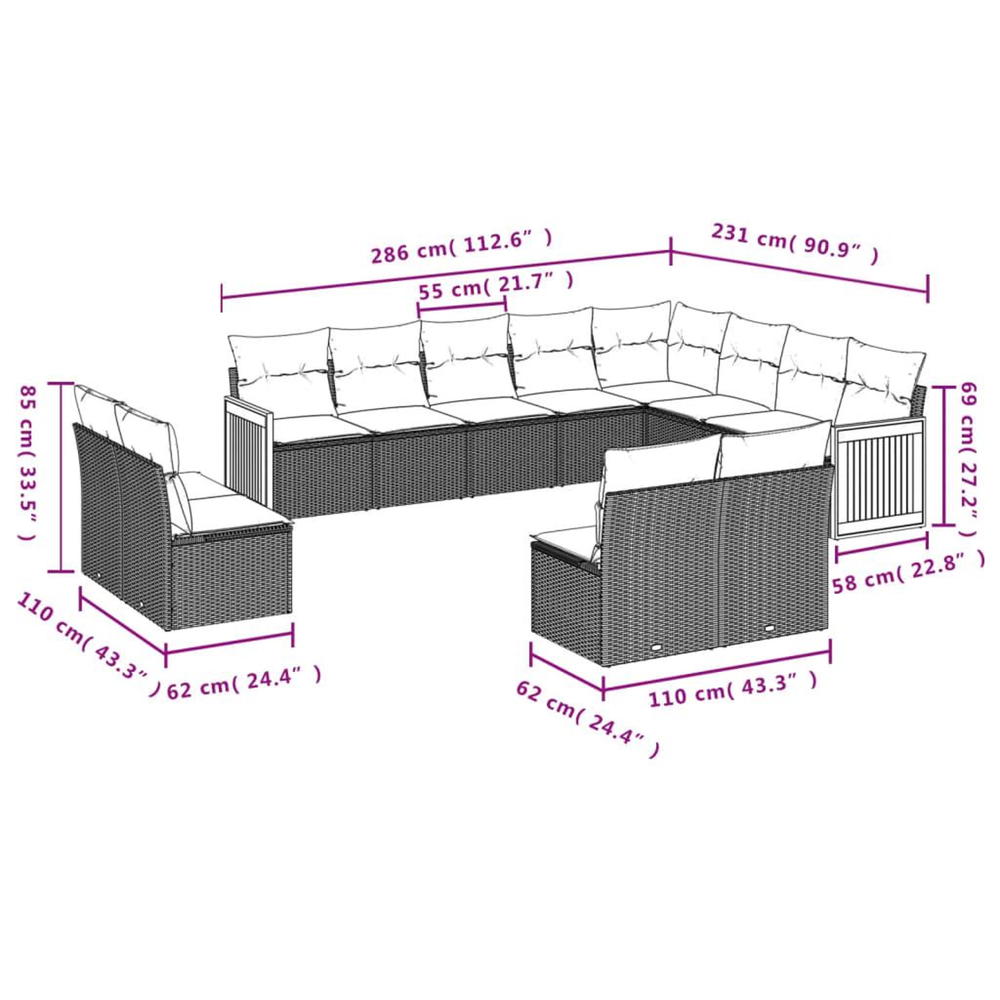 Voir la diapositive 4 : VIDAXL Salon de jardin avec coussins 12 pcs gris resine tressee