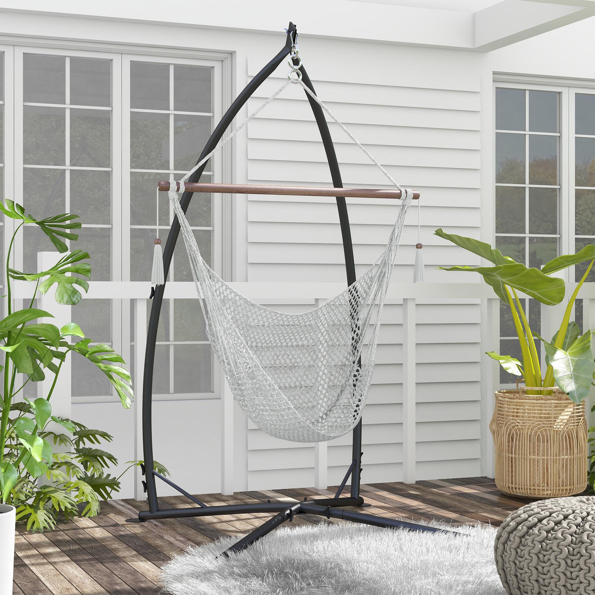 Voir la diapositive 2 : OUTSUNNY Support fauteuil suspendu - pied fauteuil suspendu - H. 215 cm - charge max. reco. 130 Kg - métal noir