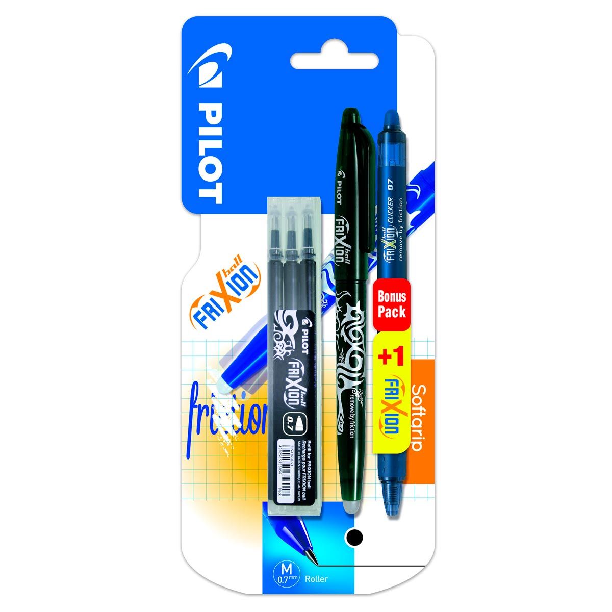 PILOT  Stylo roller effaçable rechargeable Frixion ball noir + 1 stylo Frixion clicker bleu nuit + 3 recharges noires