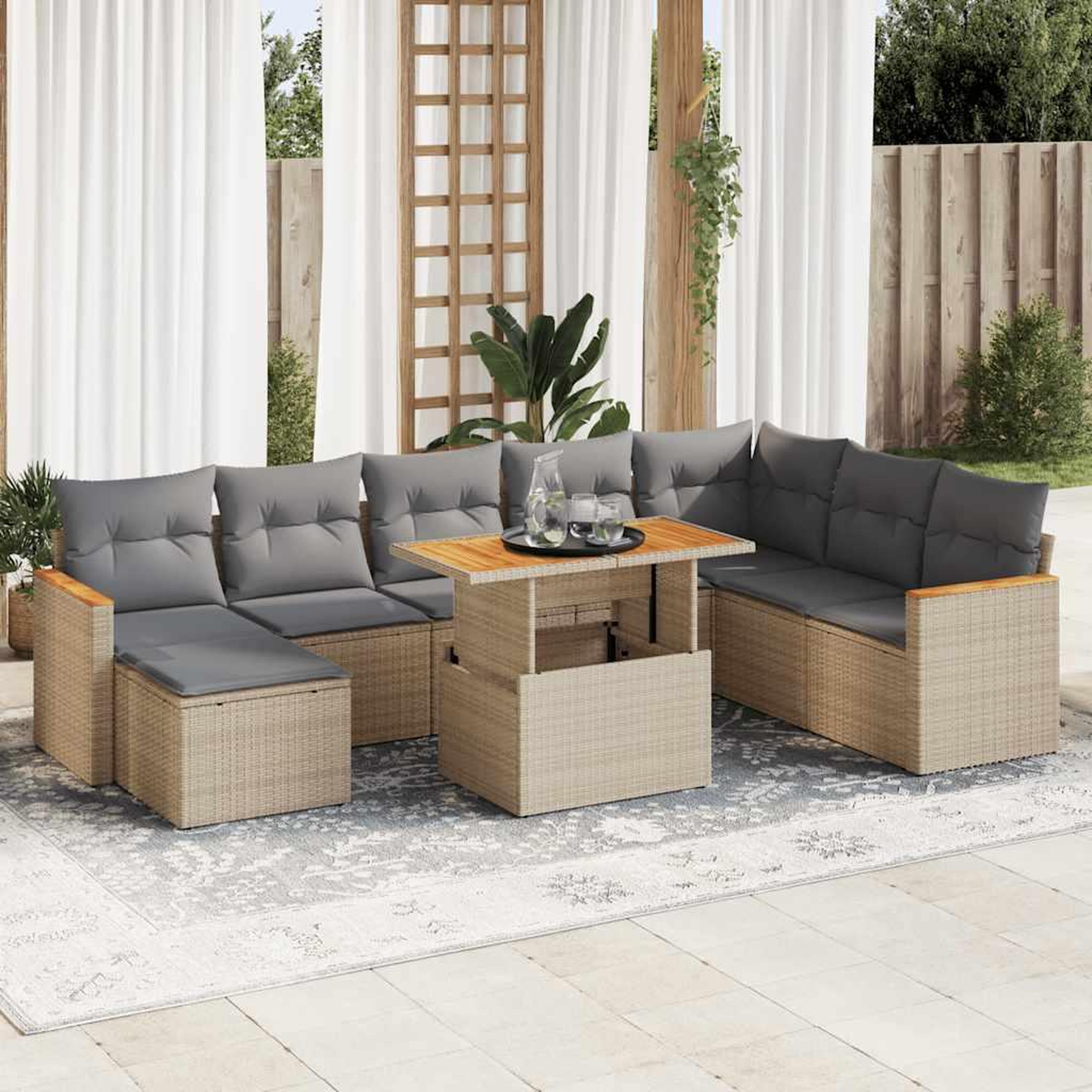 VIDAXL Salon de jardin avec coussins 9 pcs beige resine tressee acacia