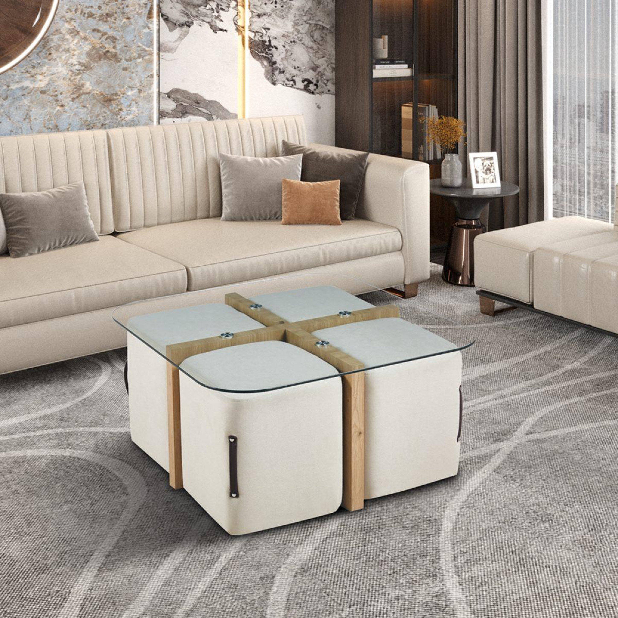Voir la diapositive 3 : JLC KREATION Table basse en bois et en verre avec poufs nash