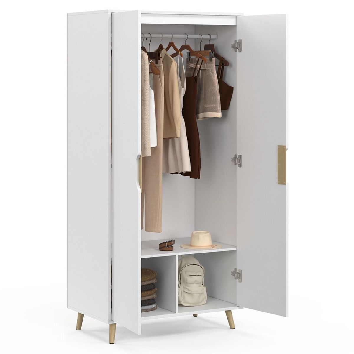 ID MARKET Armoire 2 portes HELSINKI scandinave blanc penderie 80 cm avec étagères rangement maxi capacité