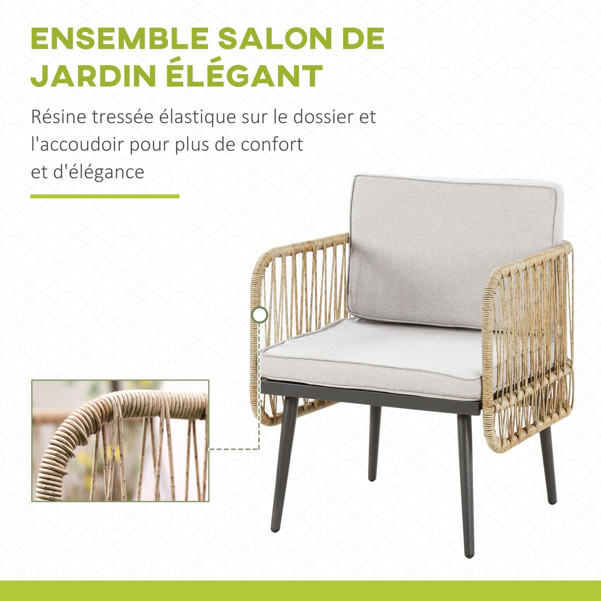 OUTSUNNY Salon de jardin 4 places 4 pièces style colonial table basse coussins beige inclus résine tressée aspect rotin