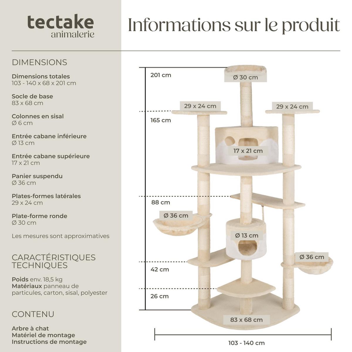 tectake Arbre à chat 201 cm avec griffoir et plateforme d'escalade beige/blanc