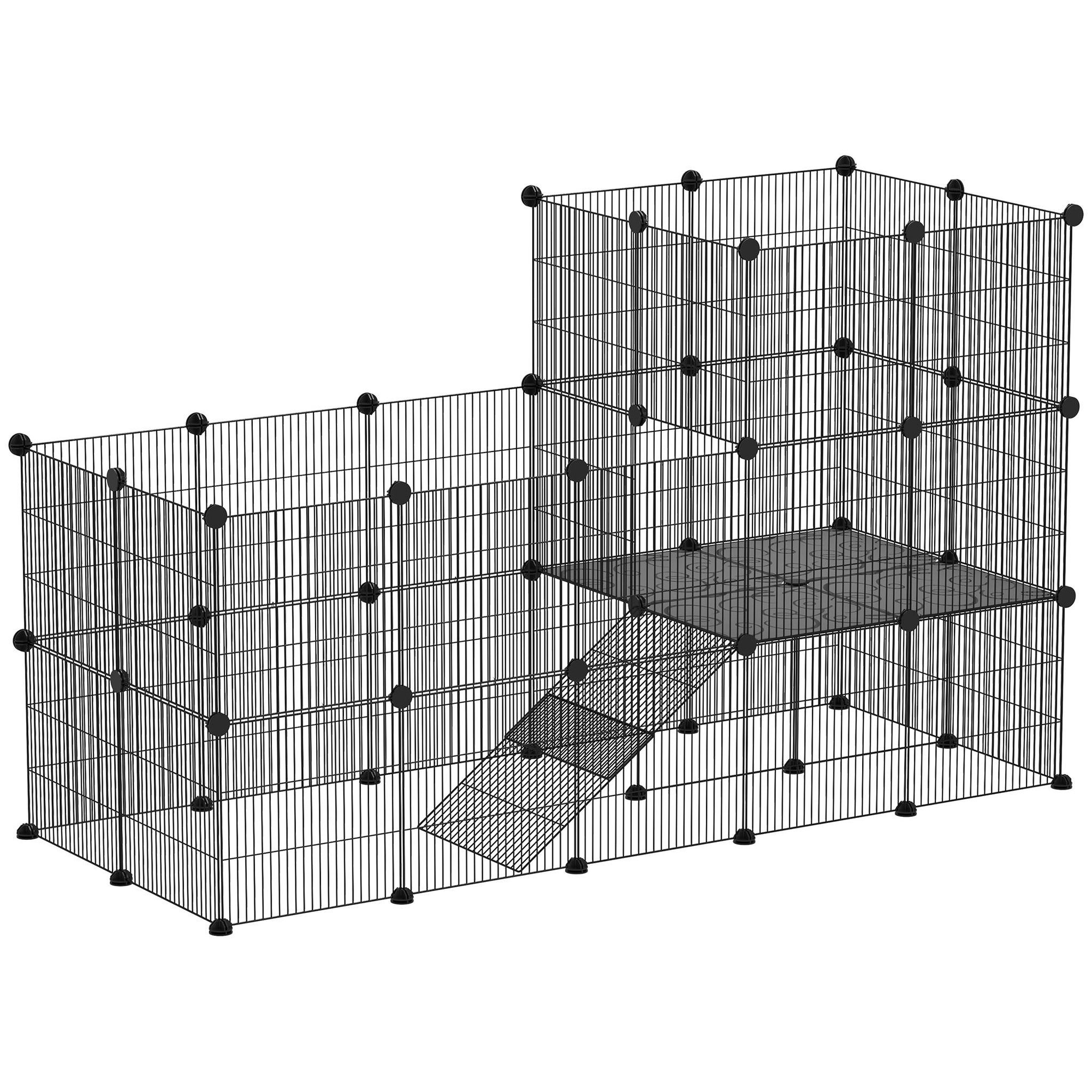 PAWHUT Cage parc enclos modulable rongeurs 2 niveaux 39 panneaux fil métallique pp noir