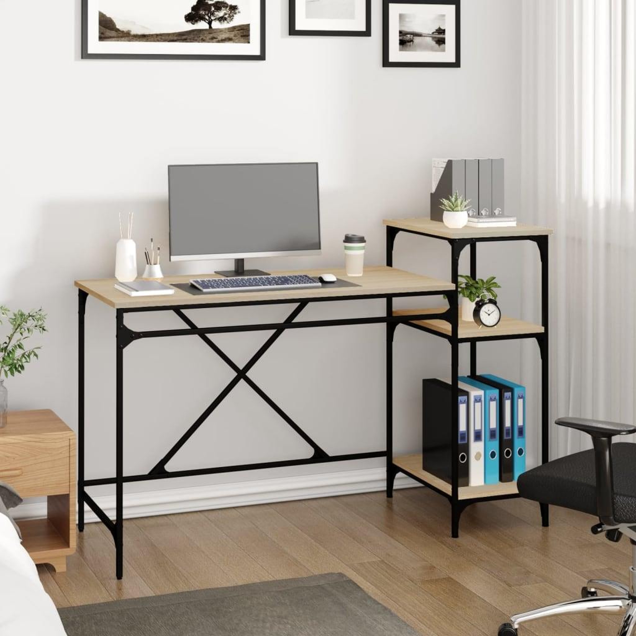 Voir la diapositive 3 : VIDAXL Bureau et etageres chene sonoma 135x50x90cm bois ingenierie/fer