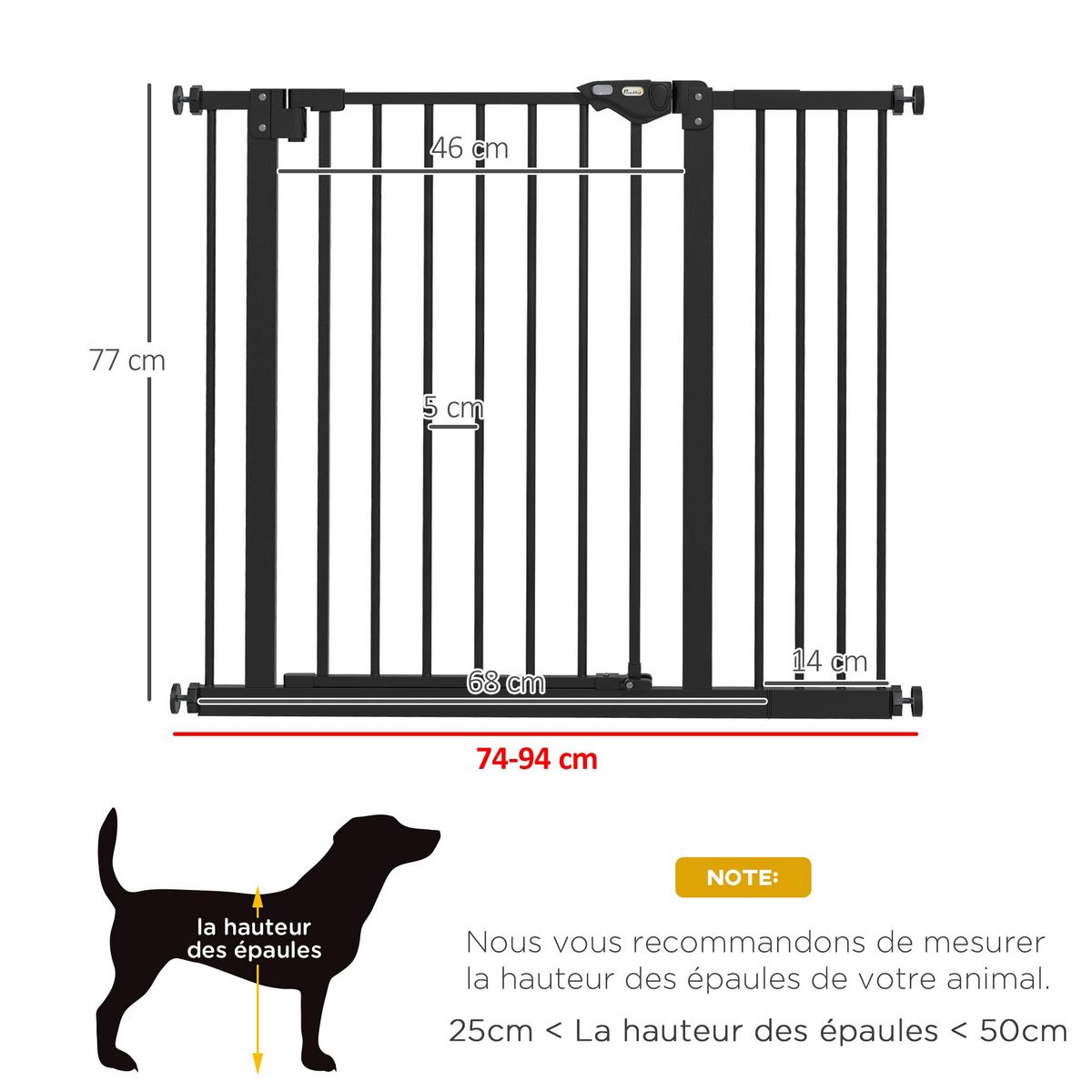 PAWHUT Barrière de sécurité chien - porte double verrouillage - L.94 cm max. - sans perçage - métal noir