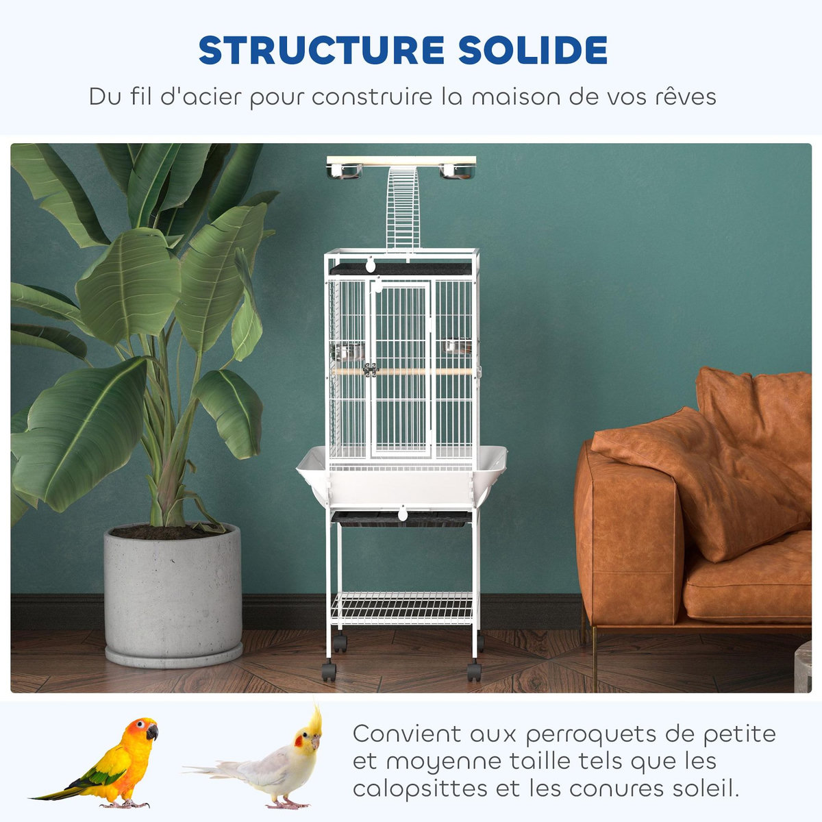 PAWHUT Cage oiseaux à roulettes 62 x 62 x 156 cm plateau coulissant acier blanc