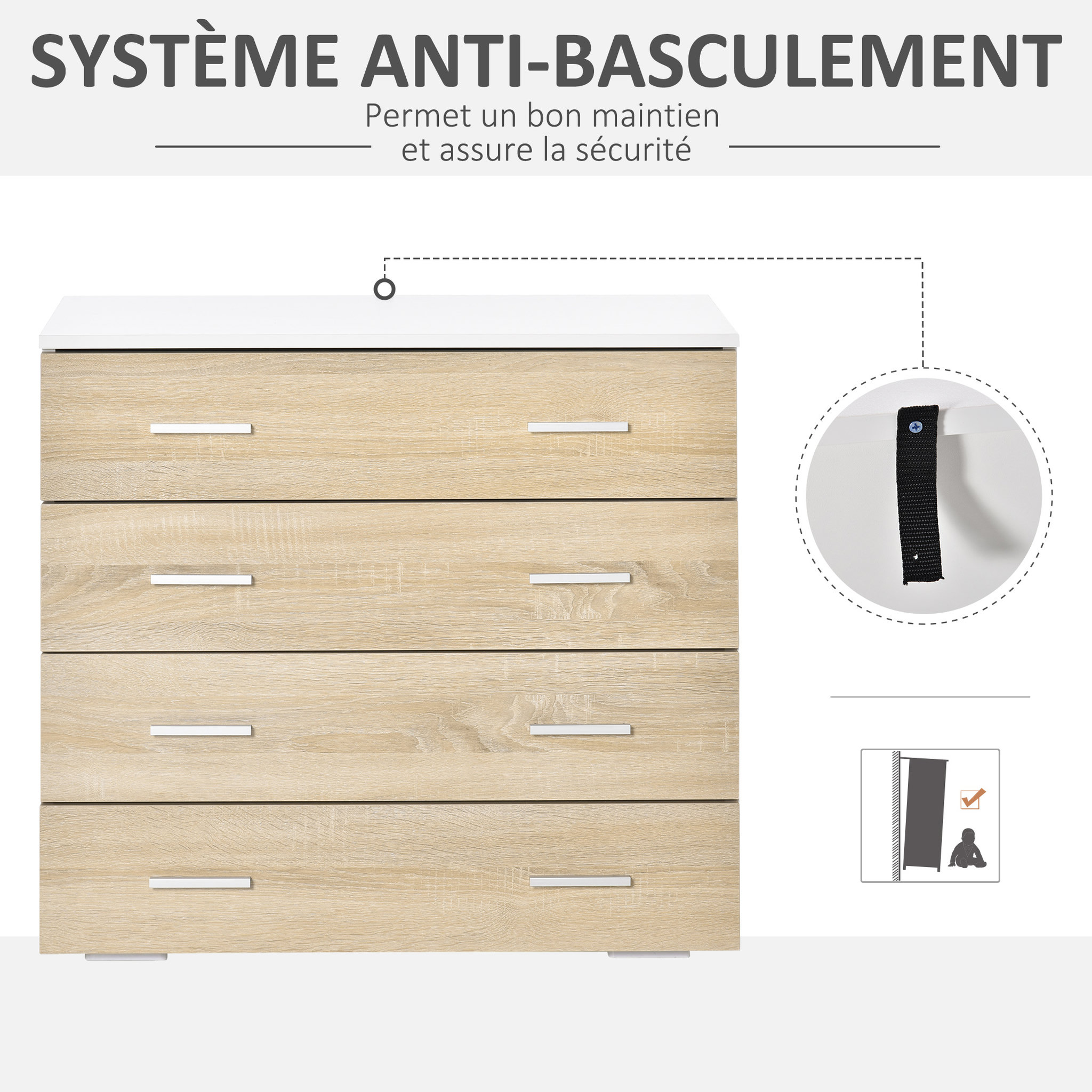 Voir la diapositive 5 : HOMCOM Commode meuble de rangement style contemporain 4 tiroirs 76 x 35 x 72 cm blanc et couleur bois