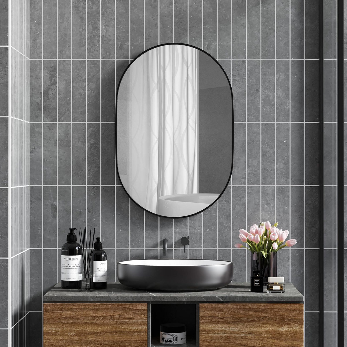 HOMCOM Miroir mural ovale dim. 60L x 90H cm cadre arrondi montage vertical/horizontal alu. noir