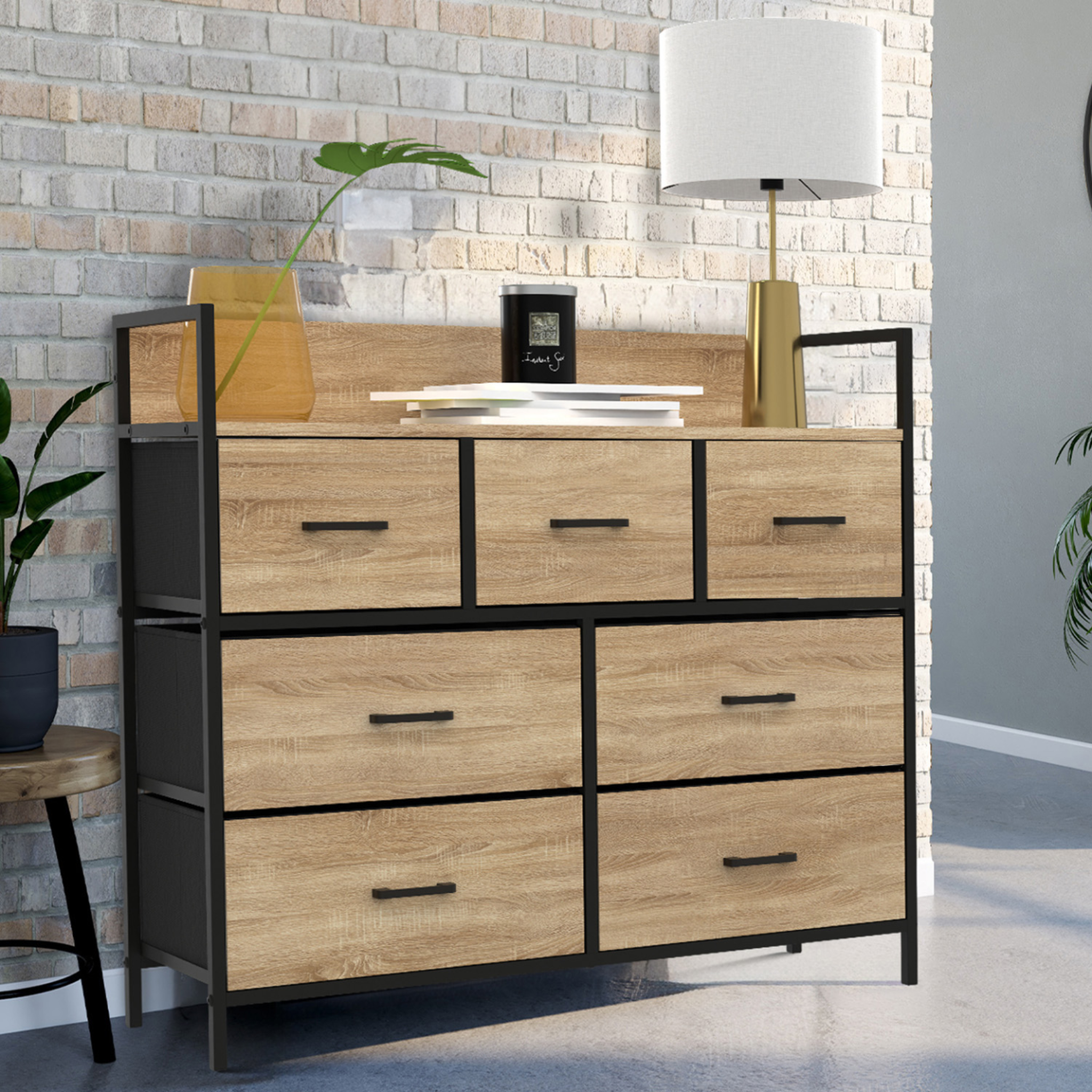 Voir la diapositive 2 : ID MARKET Commode 7 tiroirs en tissu utah 100 cm meuble de rangement design industriel