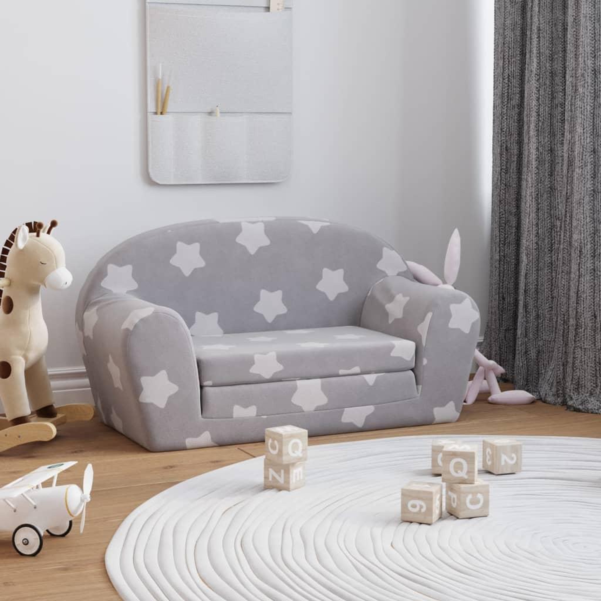 VIDAXL Canape-lit enfant 2 places gris clair etoiles peluche douce