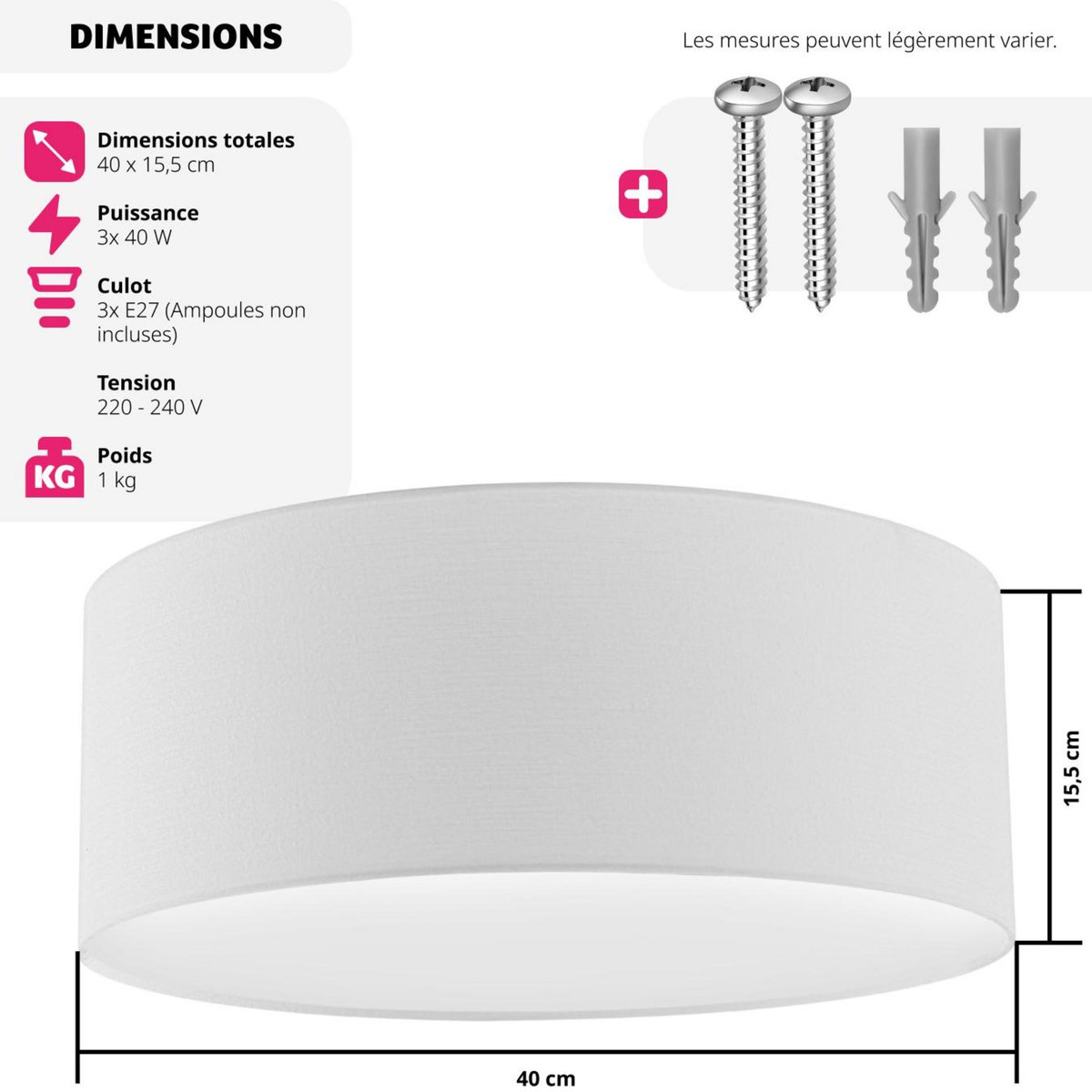 tectake Plafonnier structure en acier blanc
