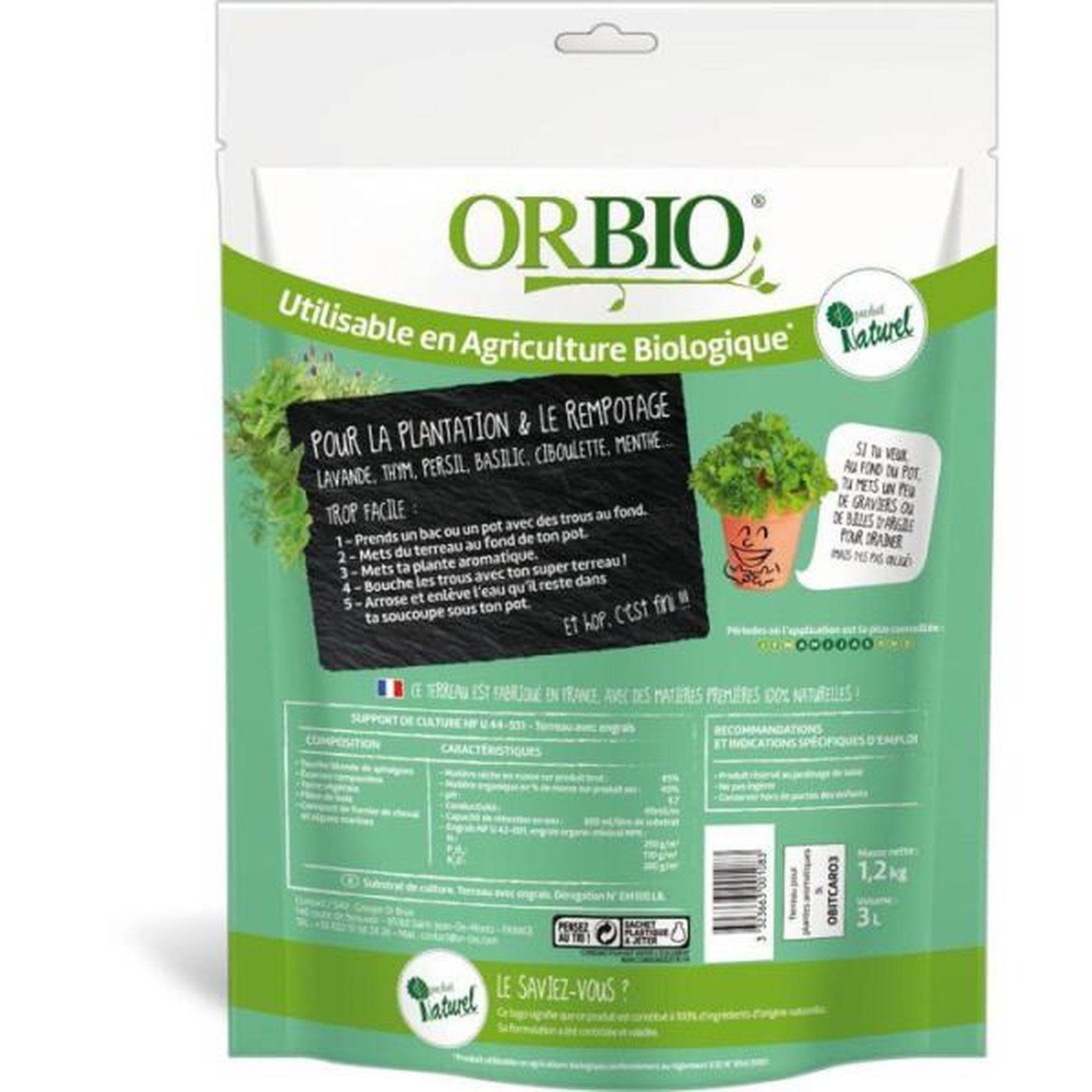 Voir la diapositive 2 : ORBIO Terreau plantes aromatiques - ORBIO - 3 L - Substrat spécifique aromatiques - Drainage optimisé