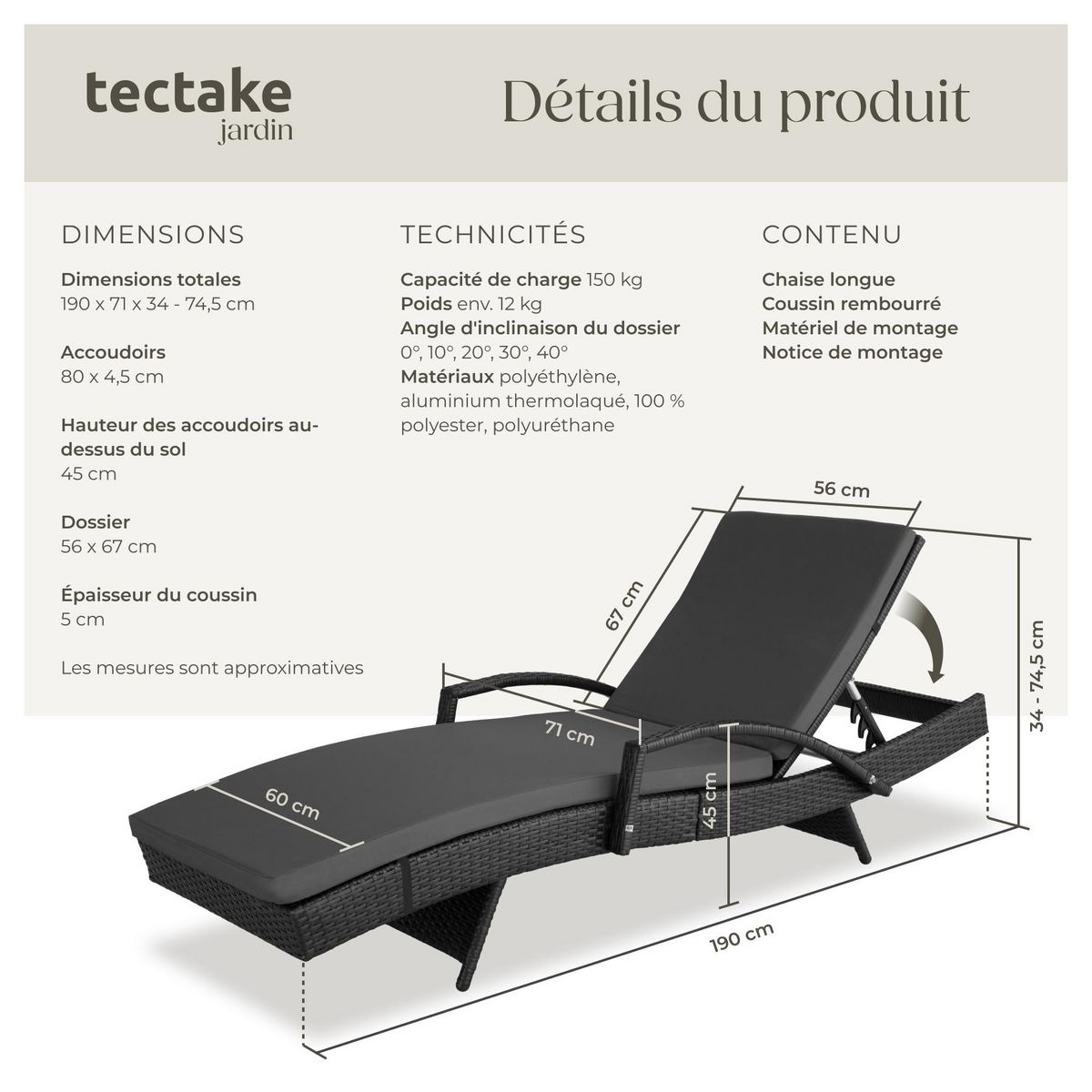 tectake Bain de soleil en rotin avec cadre en aluminium noir