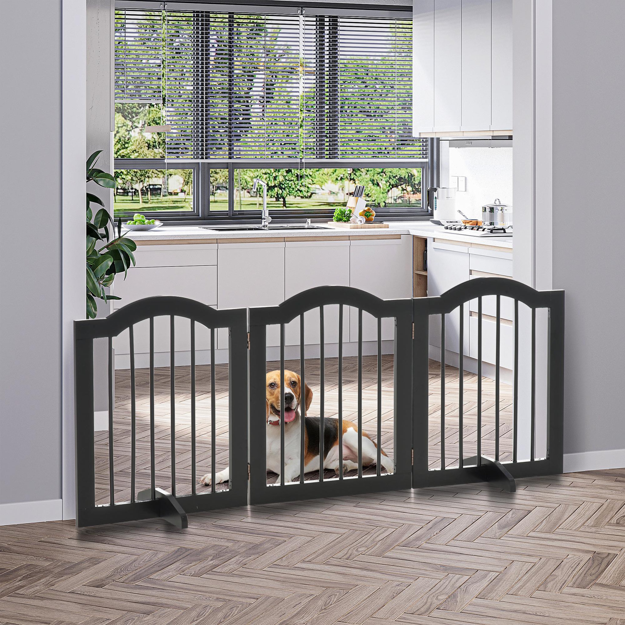 Voir la diapositive 4 : PAWHUT Barrière de sécurité barrière modulable pliable pour animaux de compagnie - piètement support - dim. 154,5l x 61h cm - mdf bois noir