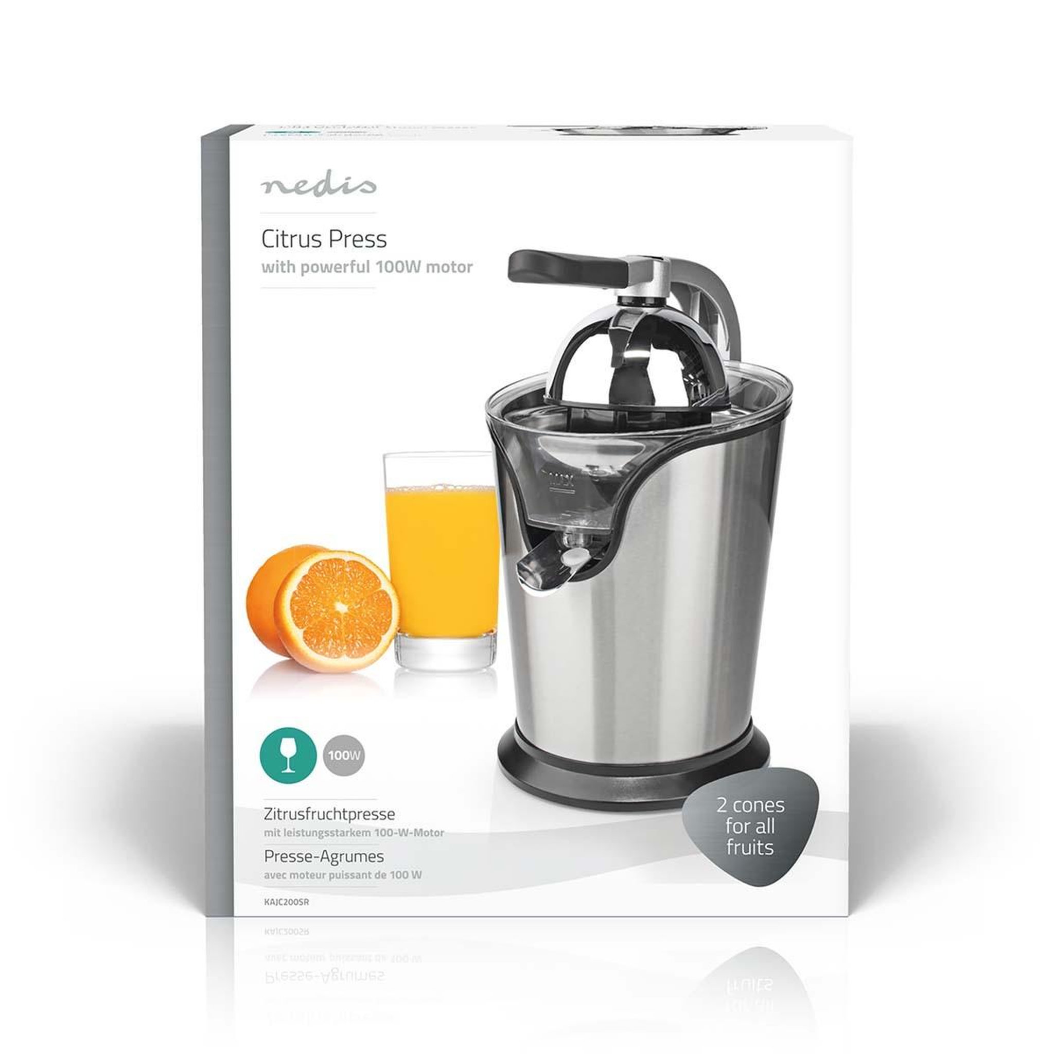 Voir la diapositive 4 : NEDIS Presse-agrumes 100W Inox Silencieux Levier Bec Anti goutte 2 cones Haute Qualité NEDIS