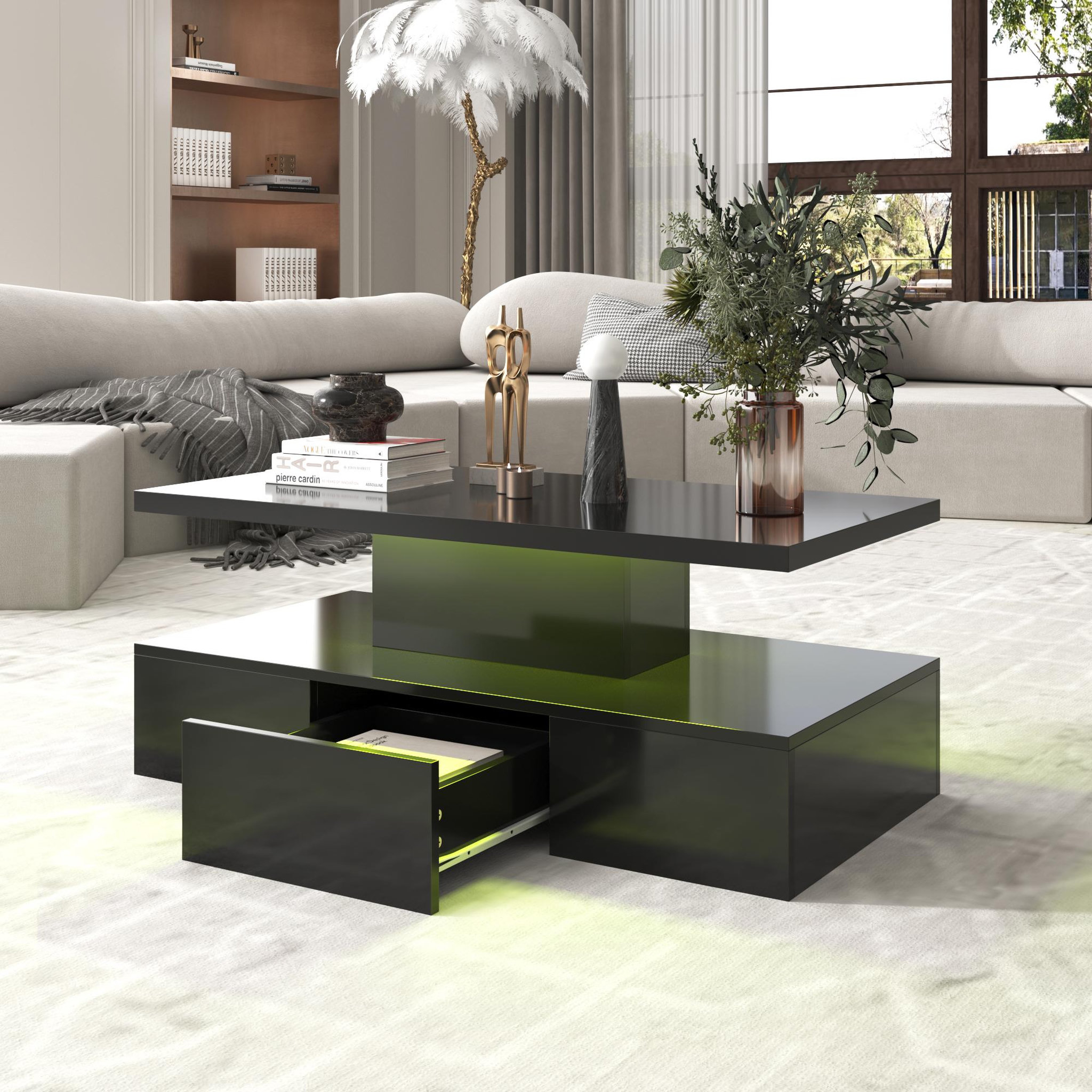 Voir la diapositive 4 : MERAX Table Basse Avec 1 Tiroir Et LED Noir